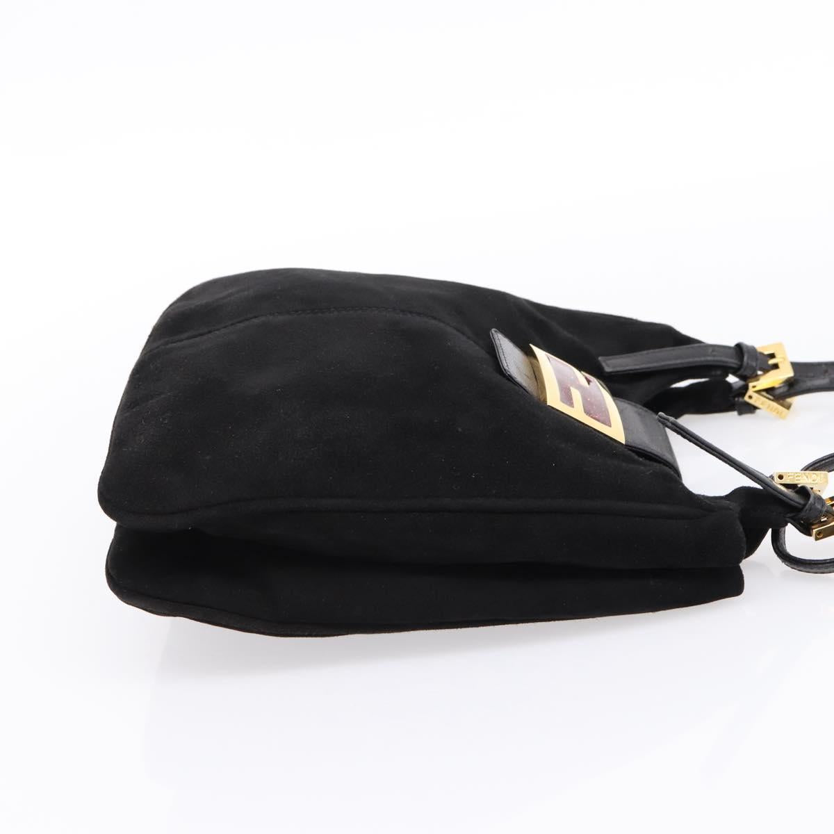 FENDI Mamma Baguette Tote Bag Suede Black Gold Tone Auth 198883A