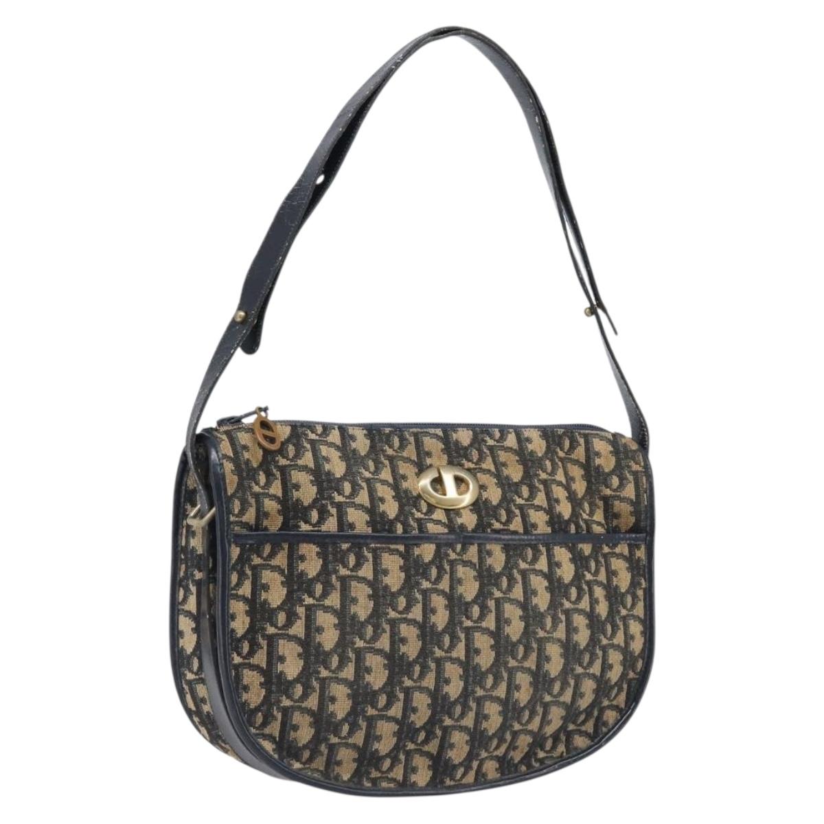 Christian Dior Trotter Canvas Shoulder Bag Navy Gold Tone Auth 198886