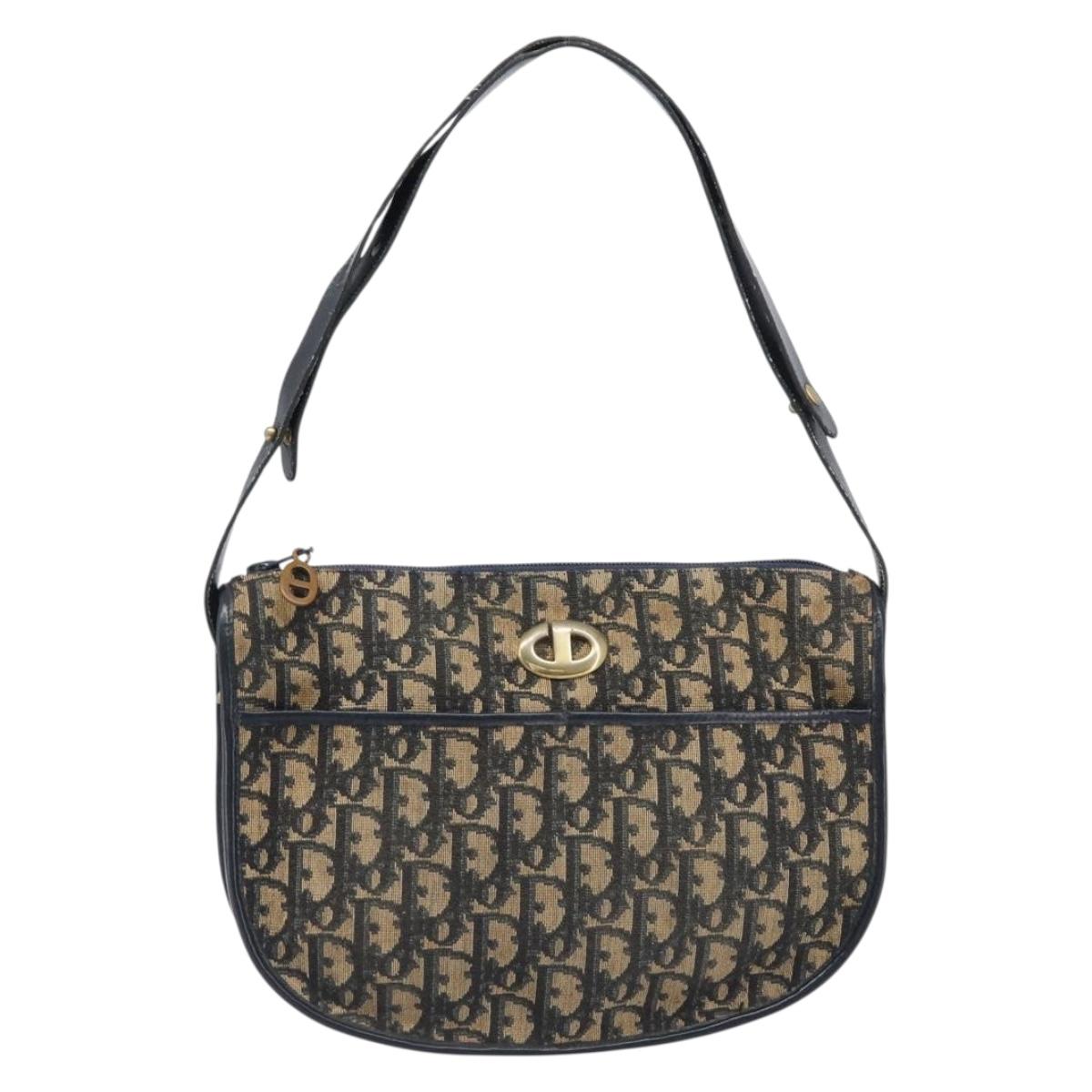 Christian Dior Trotter Canvas Shoulder Bag Navy Gold Tone Auth 198886