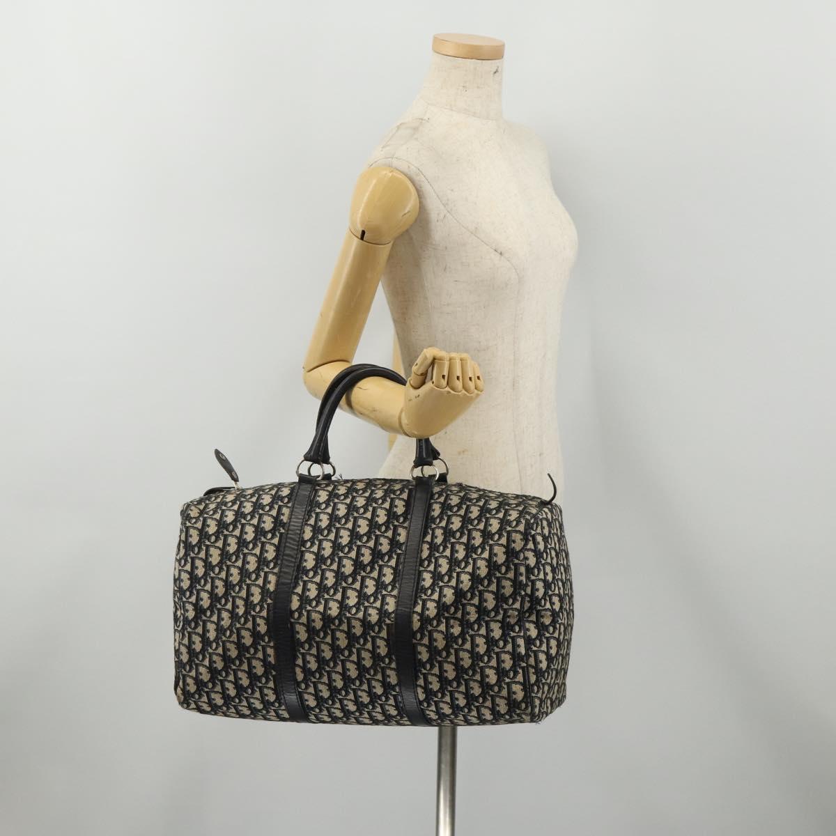 Christian Dior Trotter Canvas Boston Bag Navy Silver Auth 198893