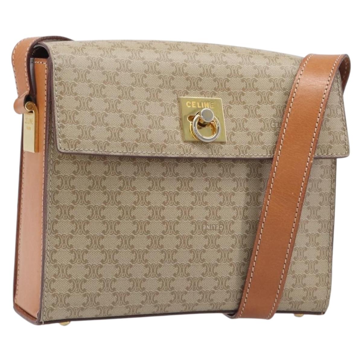 CELINE Macadam Shoulder Bag PVC Leather Beige Gold Tone Auth 198924