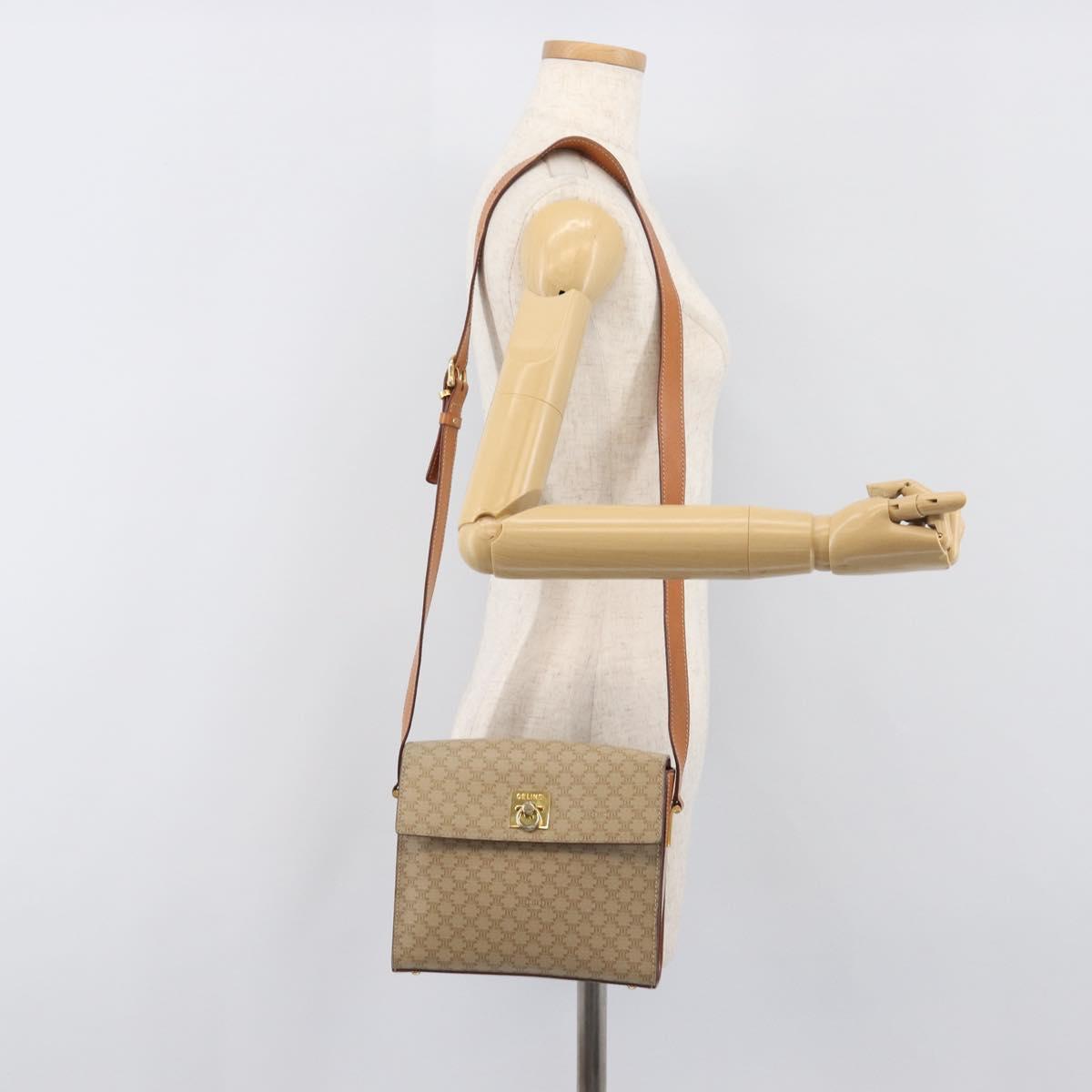 CELINE Macadam Shoulder Bag PVC Leather Beige Gold Tone Auth 198924