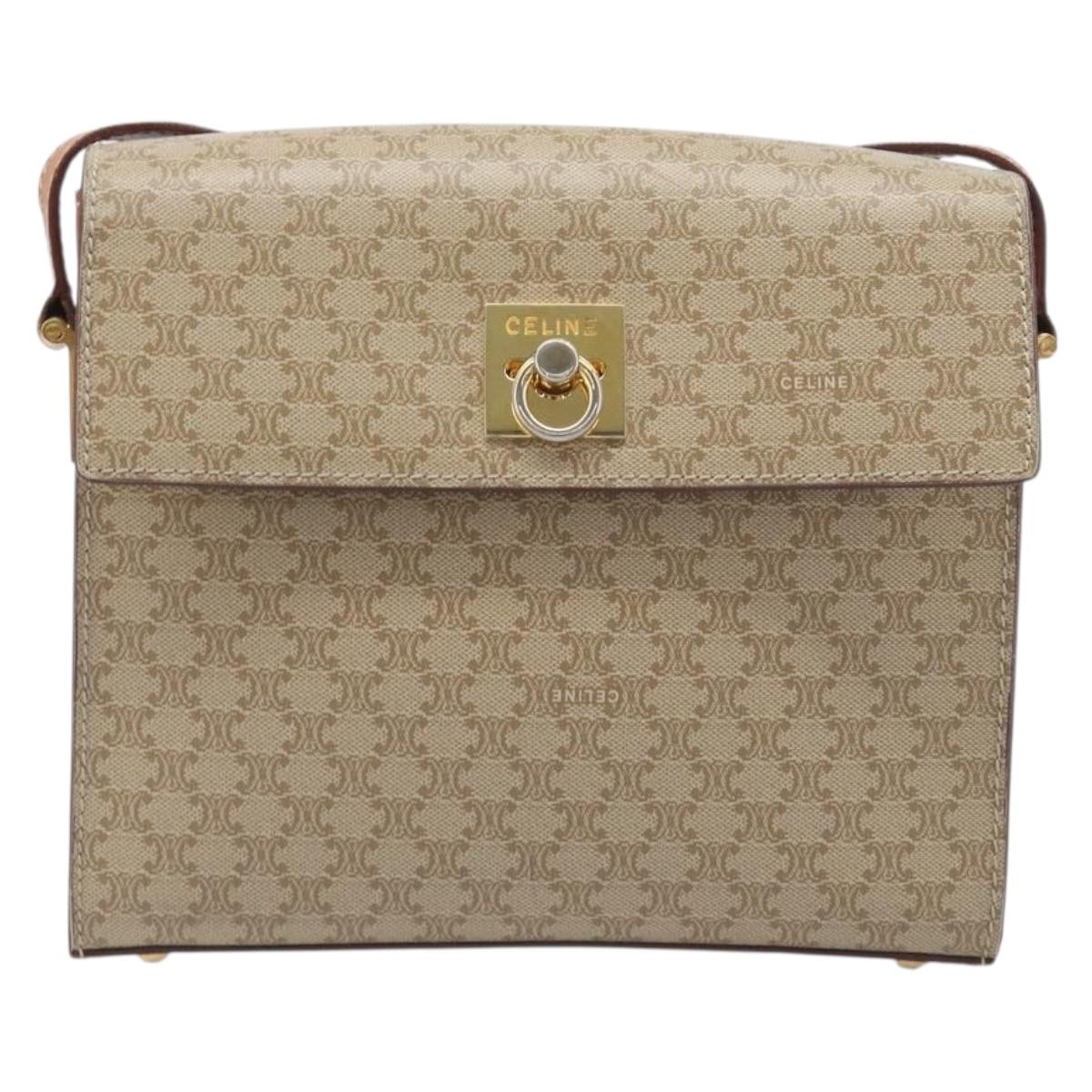 CELINE Macadam Shoulder Bag PVC Leather Beige Gold Tone Auth 198924