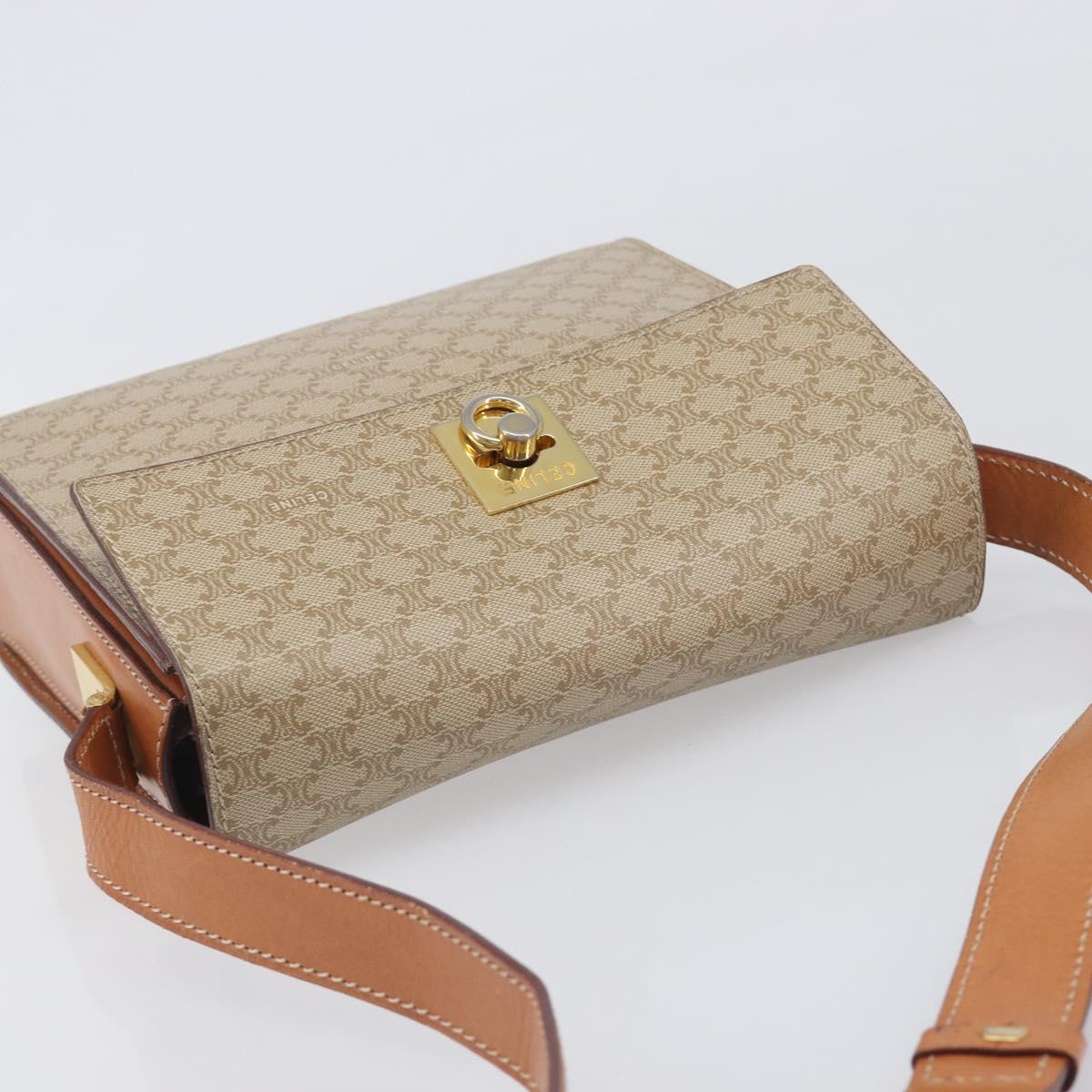 CELINE Macadam Shoulder Bag PVC Leather Beige Gold Tone Auth 198924