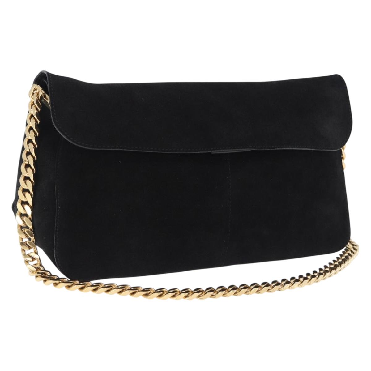CELINE Chain Shoulder Bag Suede Black Gold Tone Auth 198925A