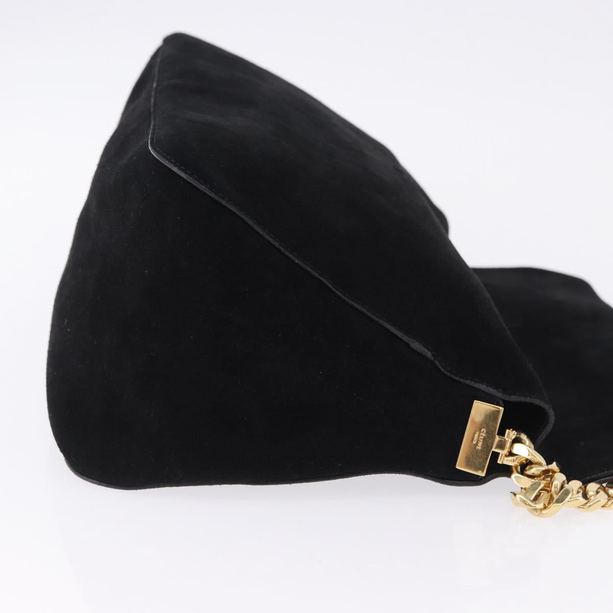 CELINE Chain Shoulder Bag Suede Black Gold Tone Auth 198925A