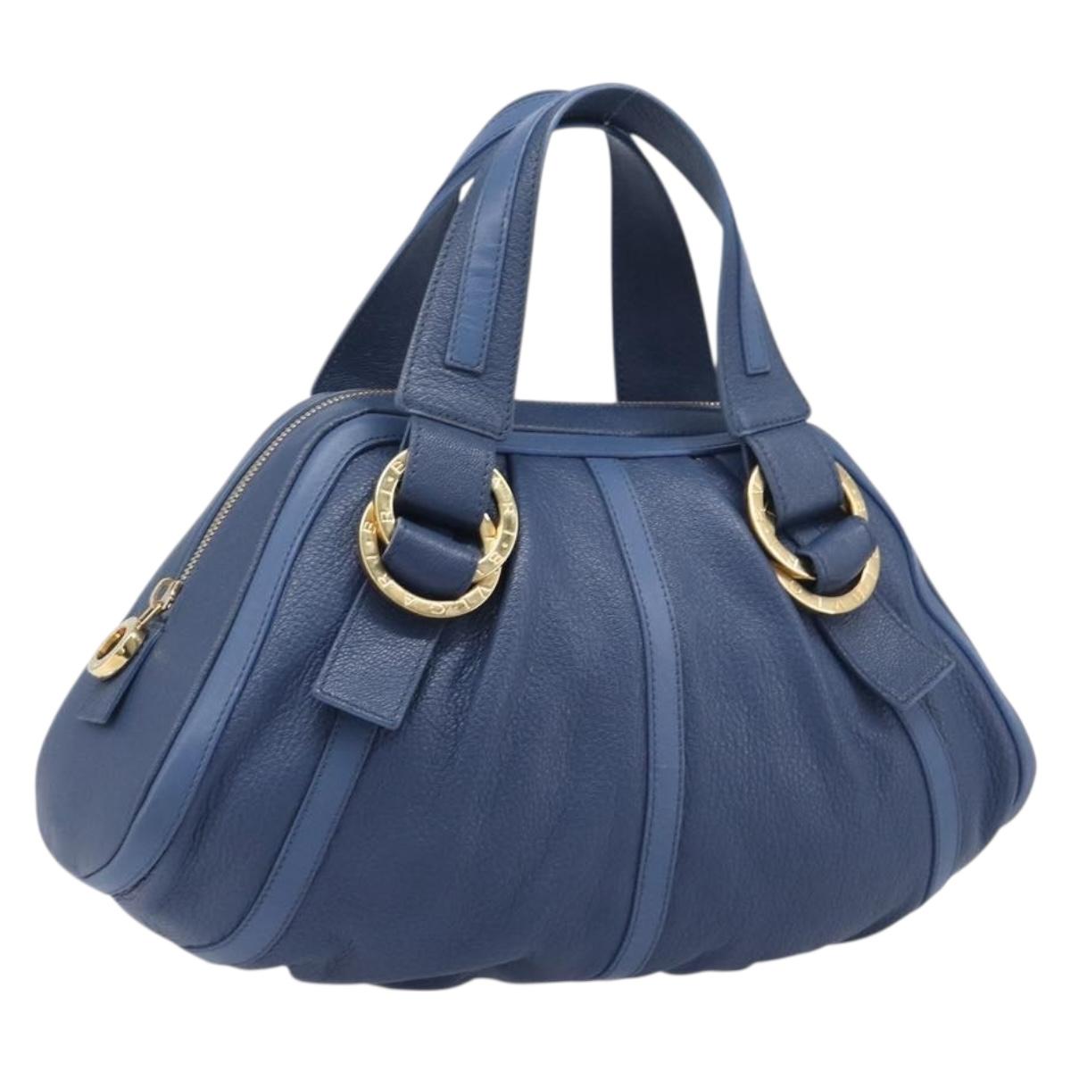 BVLGARI Chandra Hand Bag Leather Blue Gold Tone Auth 198928A