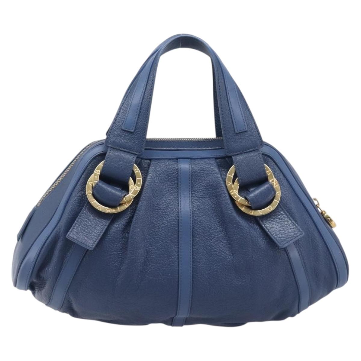 BVLGARI Chandra Hand Bag Leather Blue Gold Tone Auth 198928A
