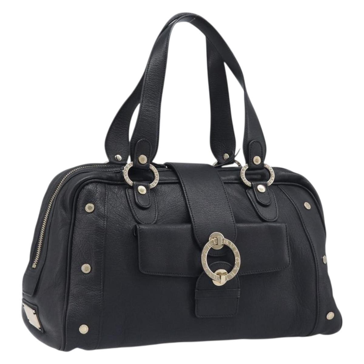 BVLGARI Hand Bag Leather Black Gold Tone Auth 198930A