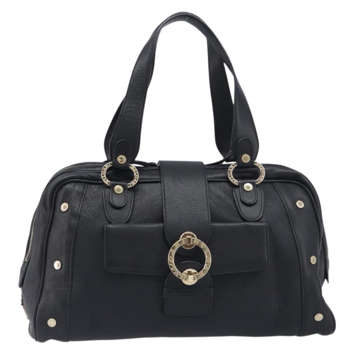 BVLGARI Hand Bag Leather Black Gold Tone Auth 198930A
