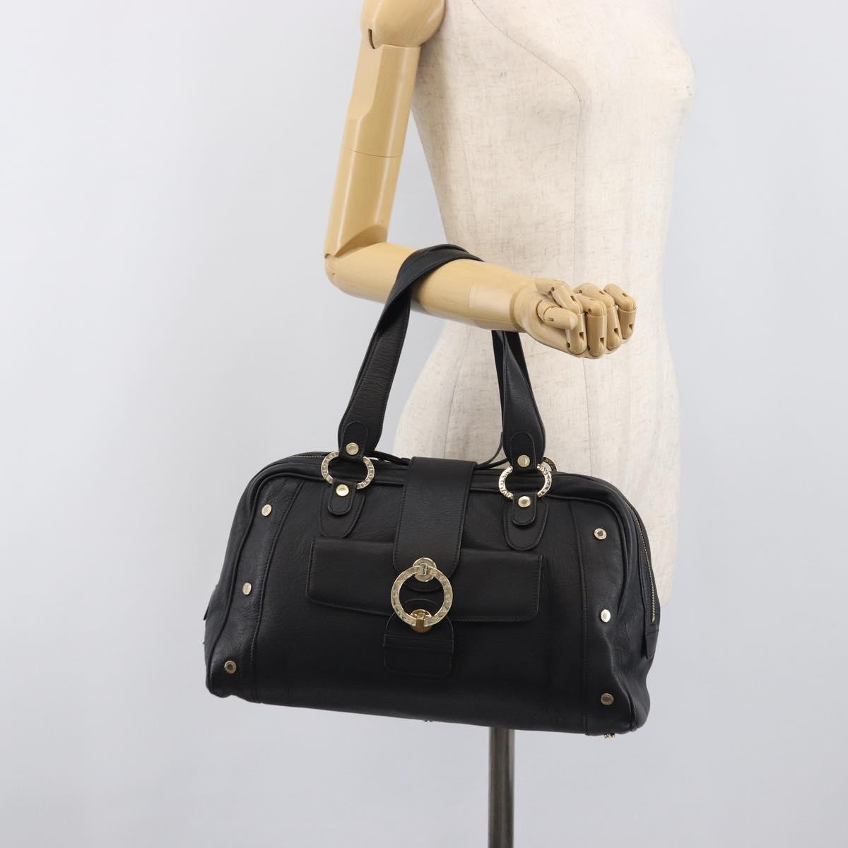 BVLGARI Hand Bag Leather Black Gold Tone Auth 198930A