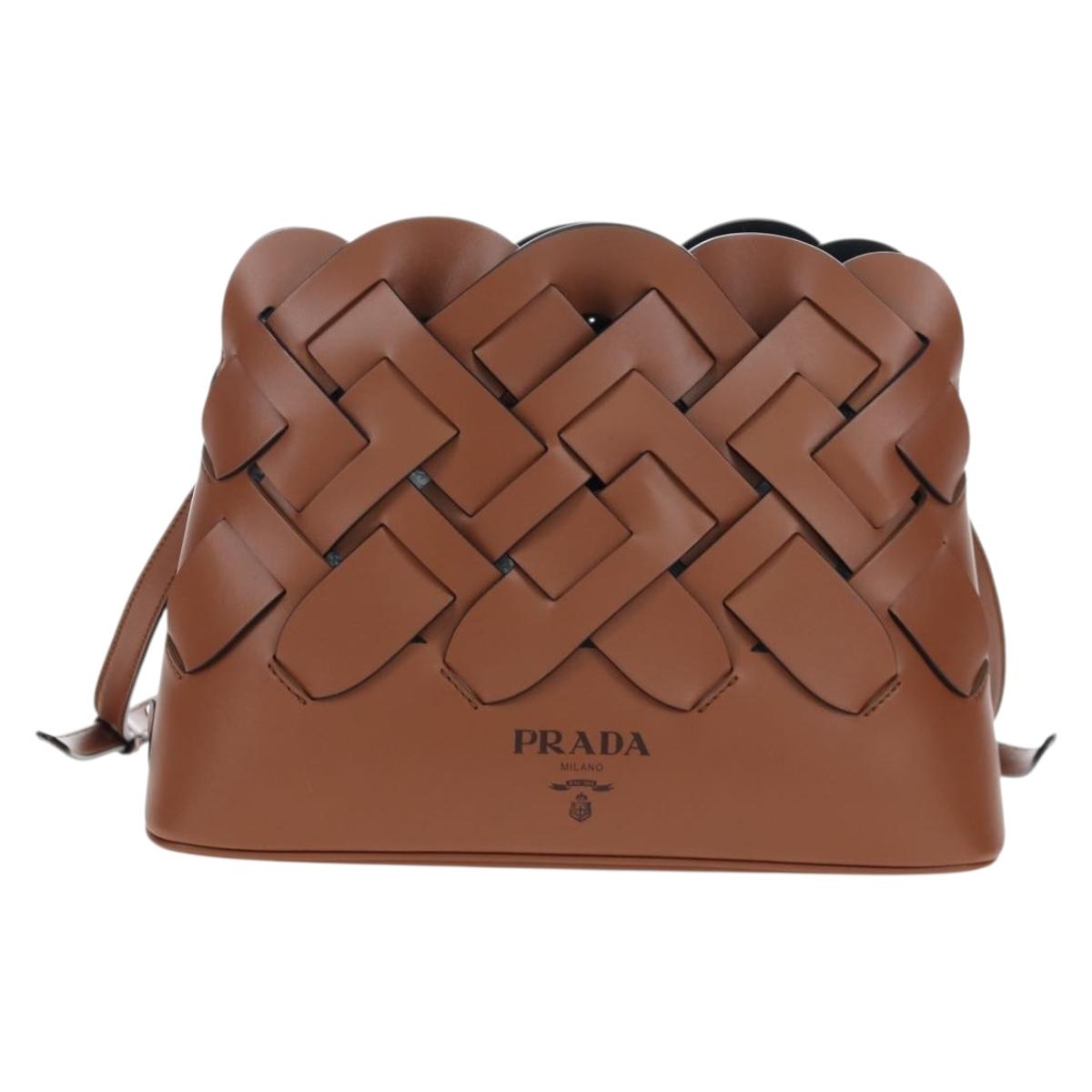 PRADA Vitello Intrecciato Shoulder Bag Leather Brown Silver Auth 198942M
