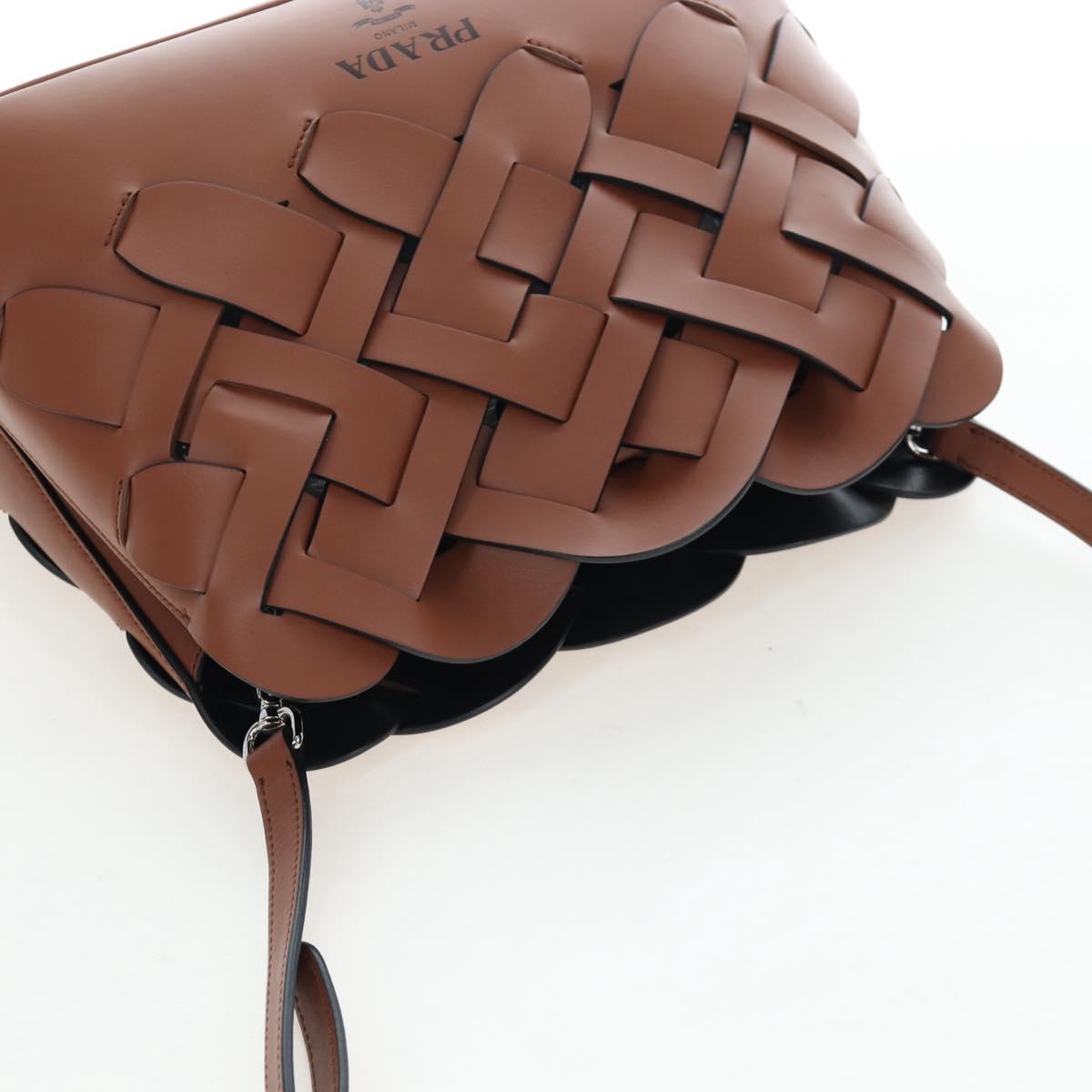 PRADA Vitello Intrecciato Shoulder Bag Leather Brown Silver Auth 198942M