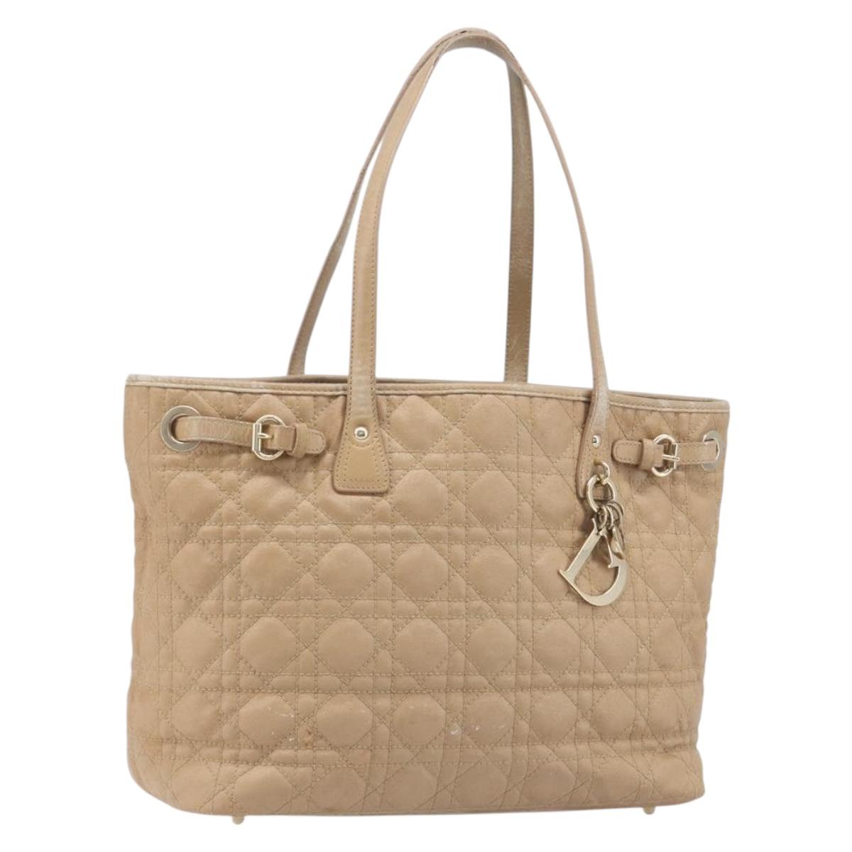 Christian Dior Lady Dior Canage Tote Bag Canvas Beige Gold Tone Auth 198943