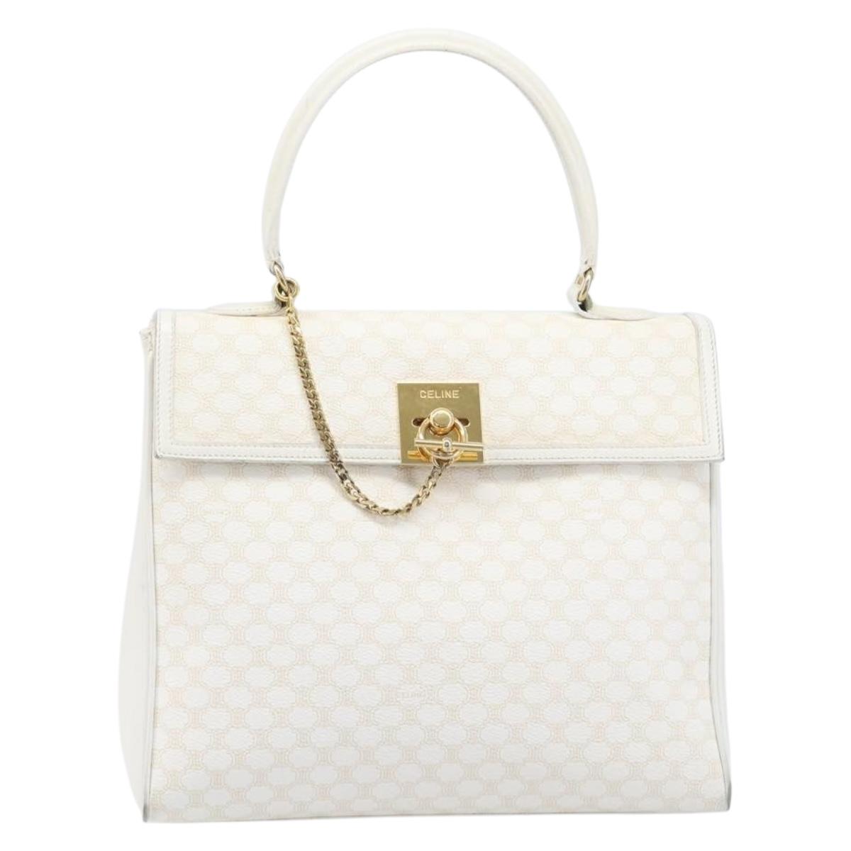 CELINE Macadam Hand Bag PVC Leather White Gold Tone Auth 198944