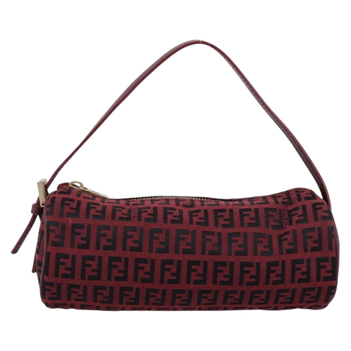 FENDI Zucchino Canvas Hand Pouch Red Gold Tone 7N0016 Auth 199001A