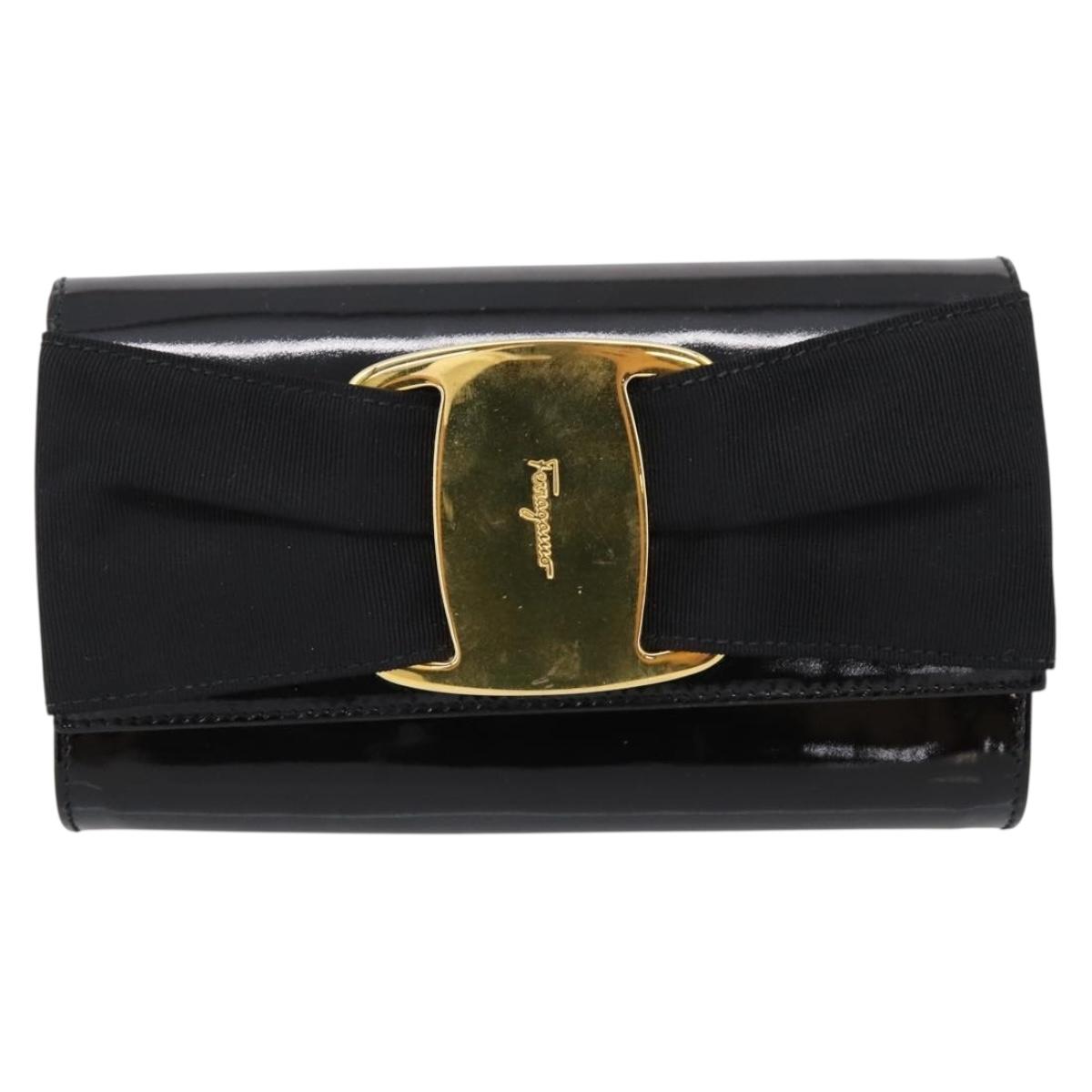 Salvatore Ferragamo Vala Chain Shoulder Bag Patent Black Gold Tone Auth 199006