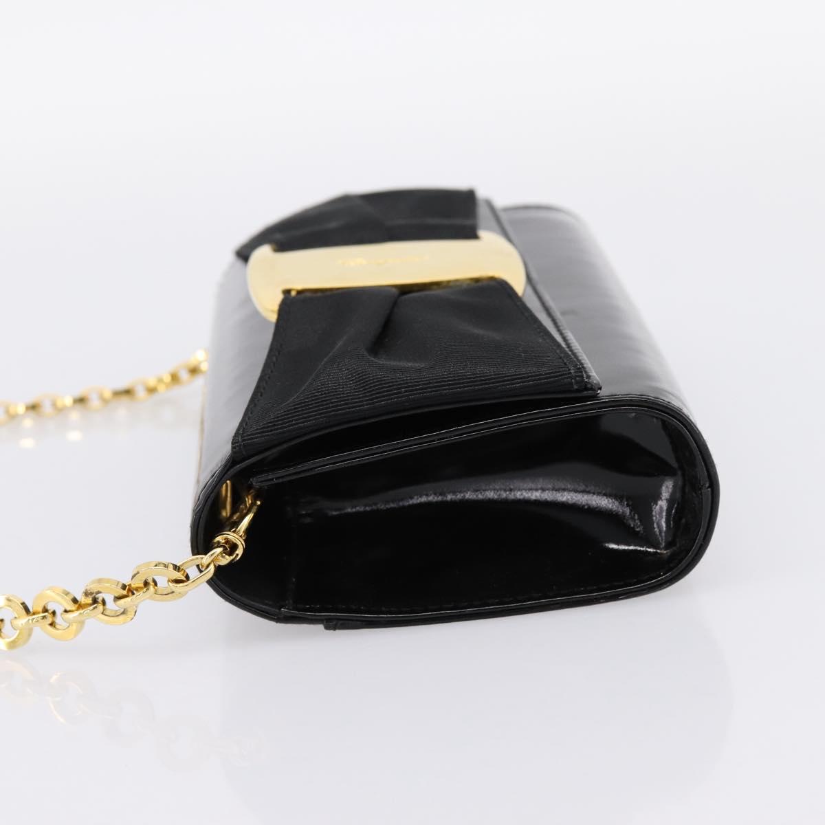 Salvatore Ferragamo Vala Chain Shoulder Bag Patent Black Gold Tone Auth 199006