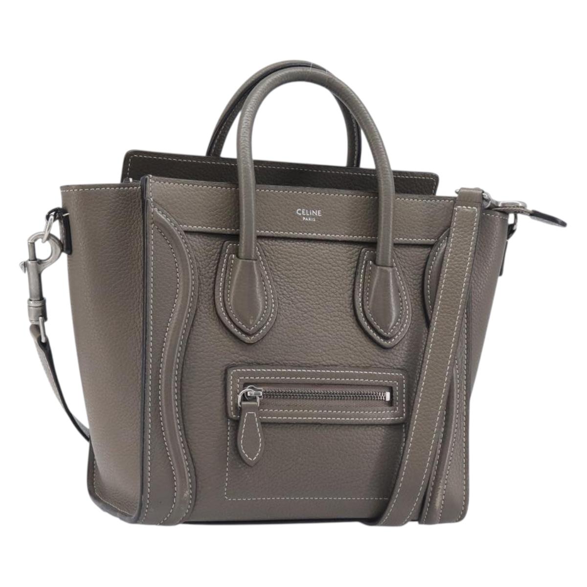 CELINE Luggage Nano Shopper Hand Bag Leather 2way Gray Silver Auth 199033V