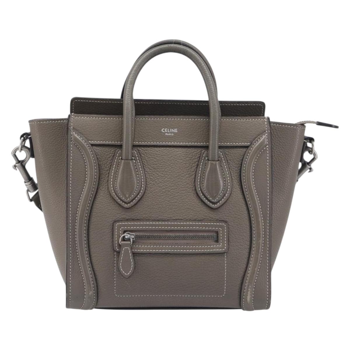 CELINE Luggage Nano Shopper Hand Bag Leather 2way Gray Silver Auth 199033V
