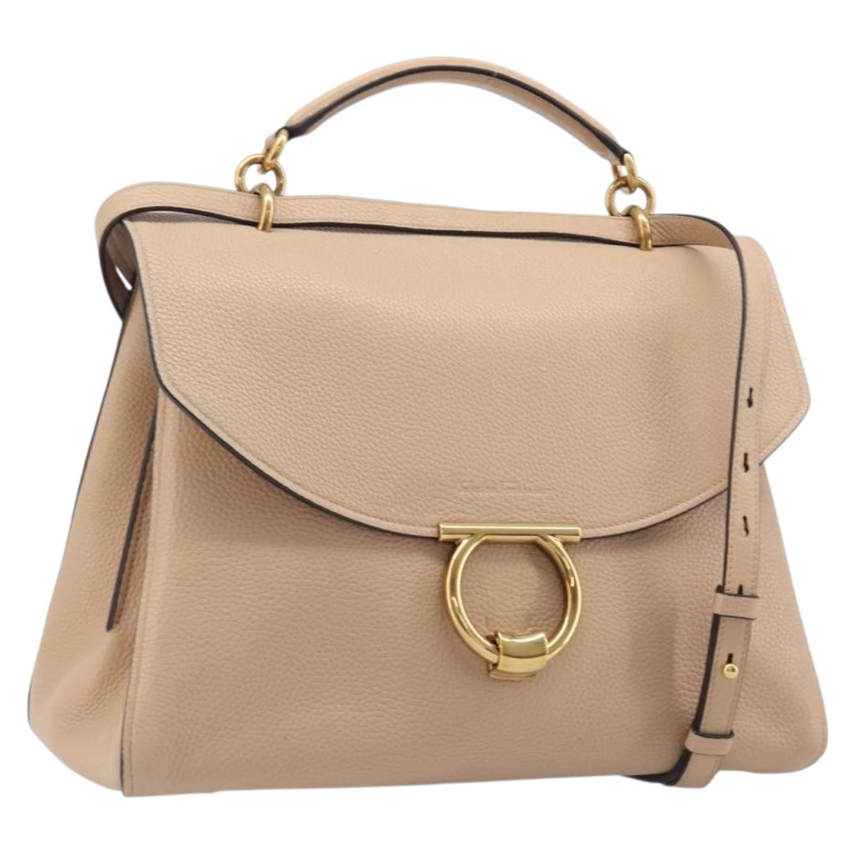 Salvatore Ferragamo Gancini Hand Bag Leather 2way Beige Gold Auth 199034A