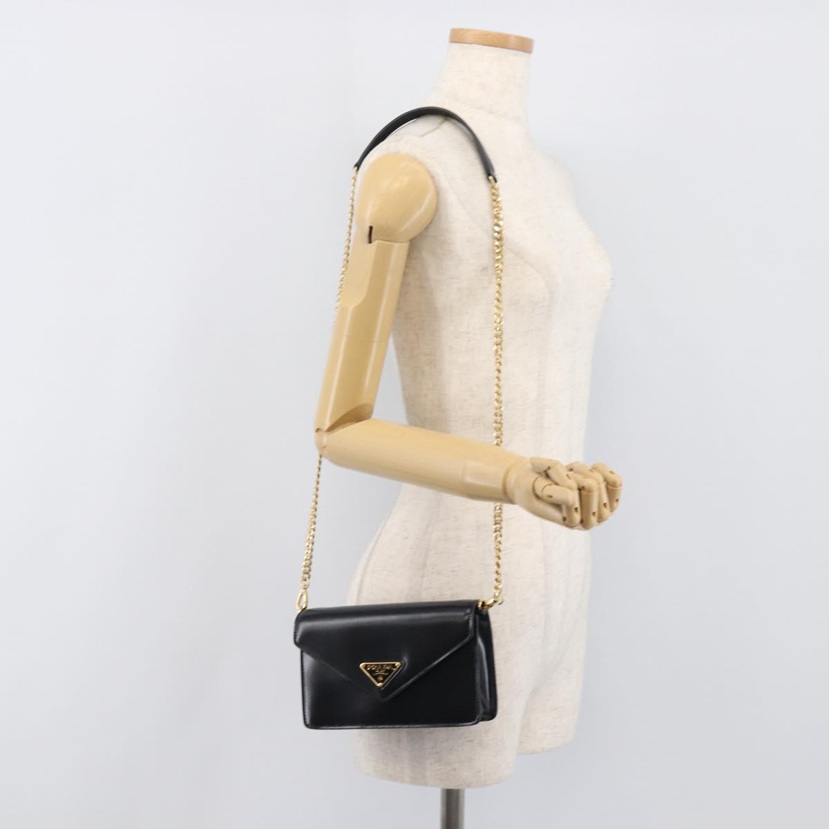 PRADA Chain Shoulder Bag Leather Black Gold Auth 199037SAM