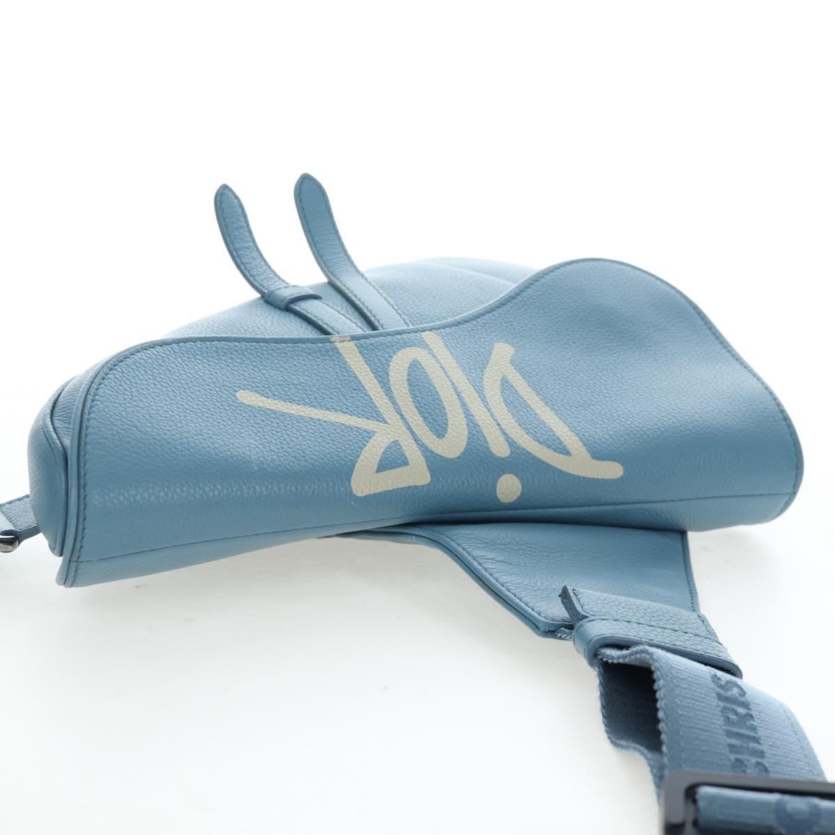 Christian Dior Saddle Bag Leather Stussy Collaboration Light Blue Auth 199040V