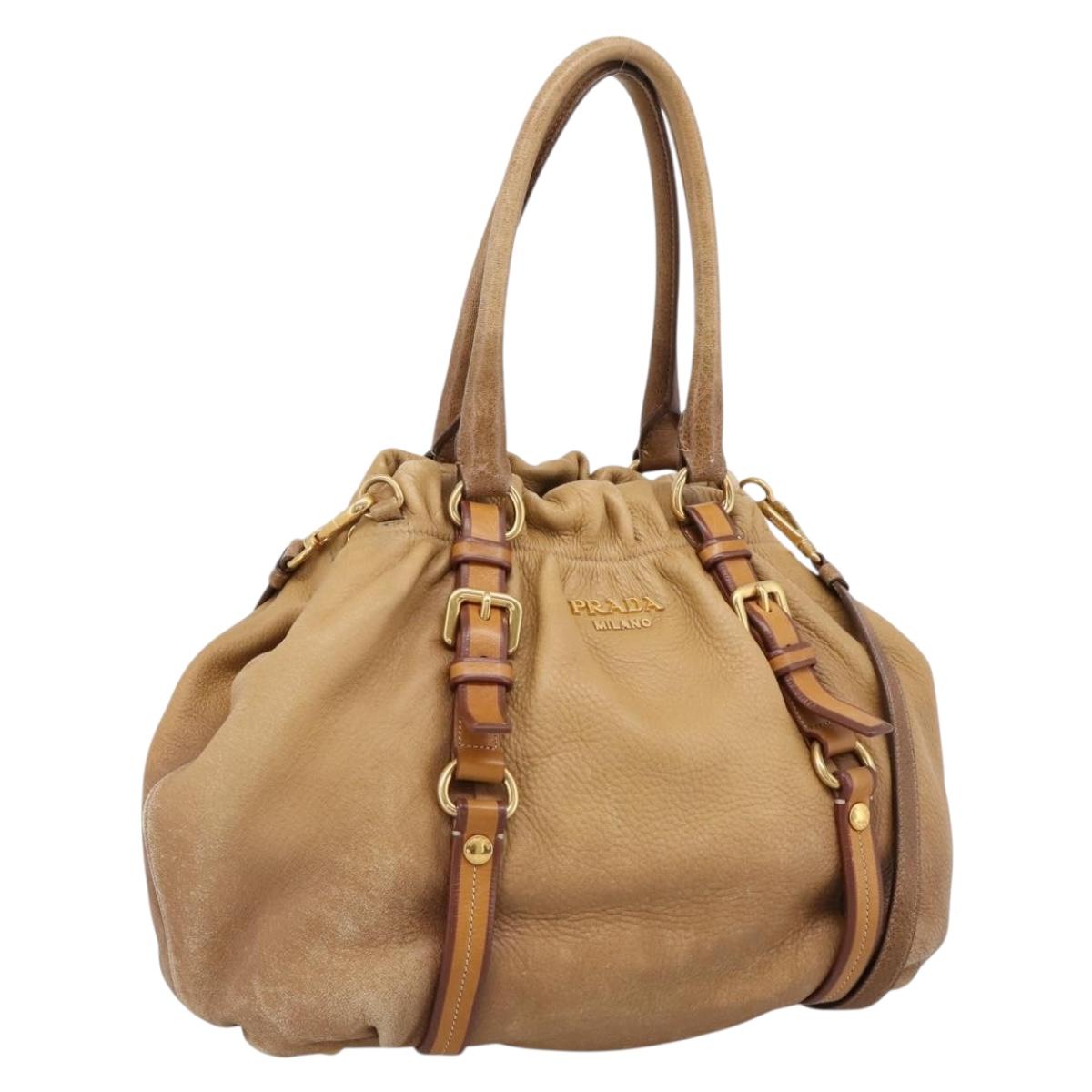 PRADA Hand Bag Leather 2way Beige Gold Auth 199056
