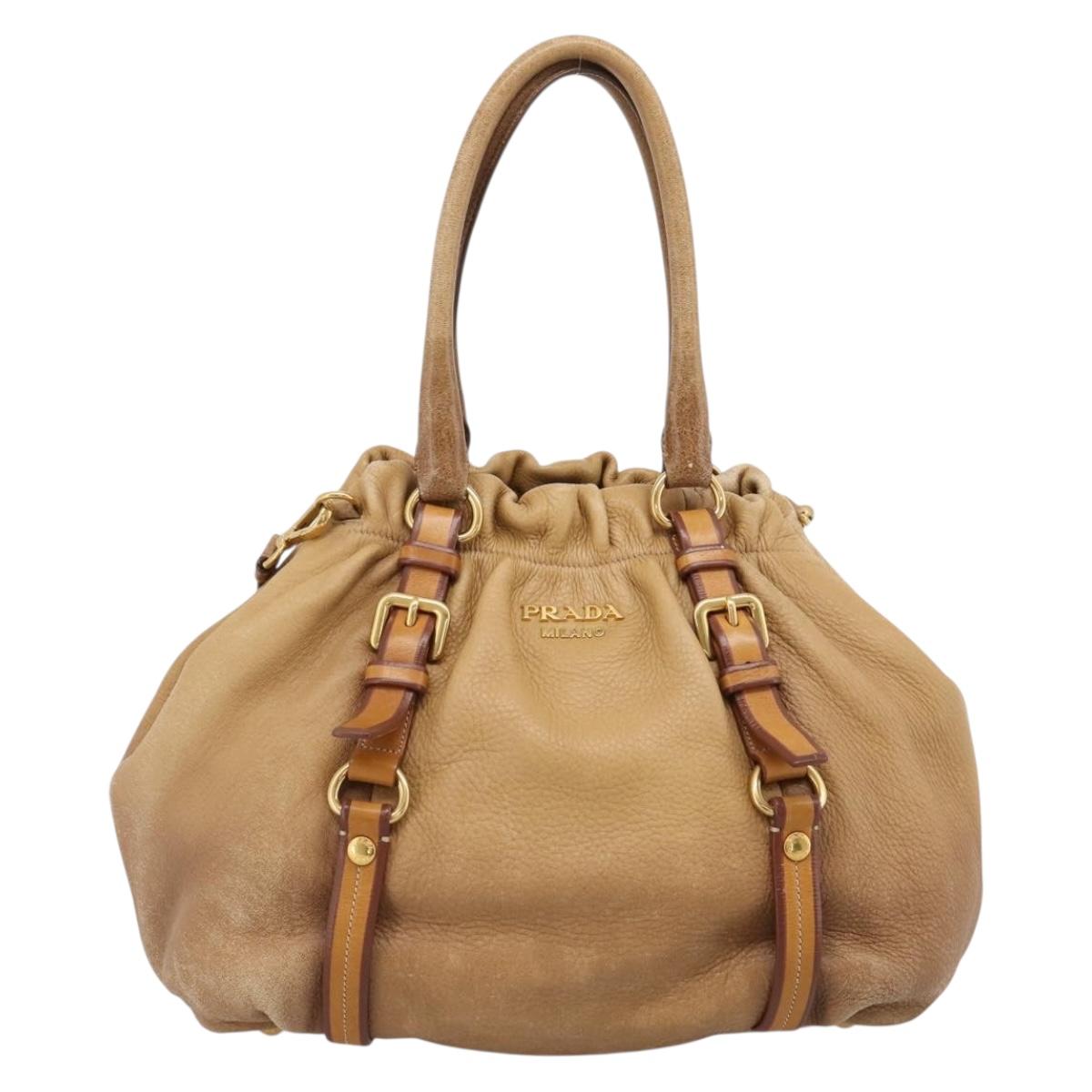 PRADA Hand Bag Leather 2way Beige Gold Auth 199056