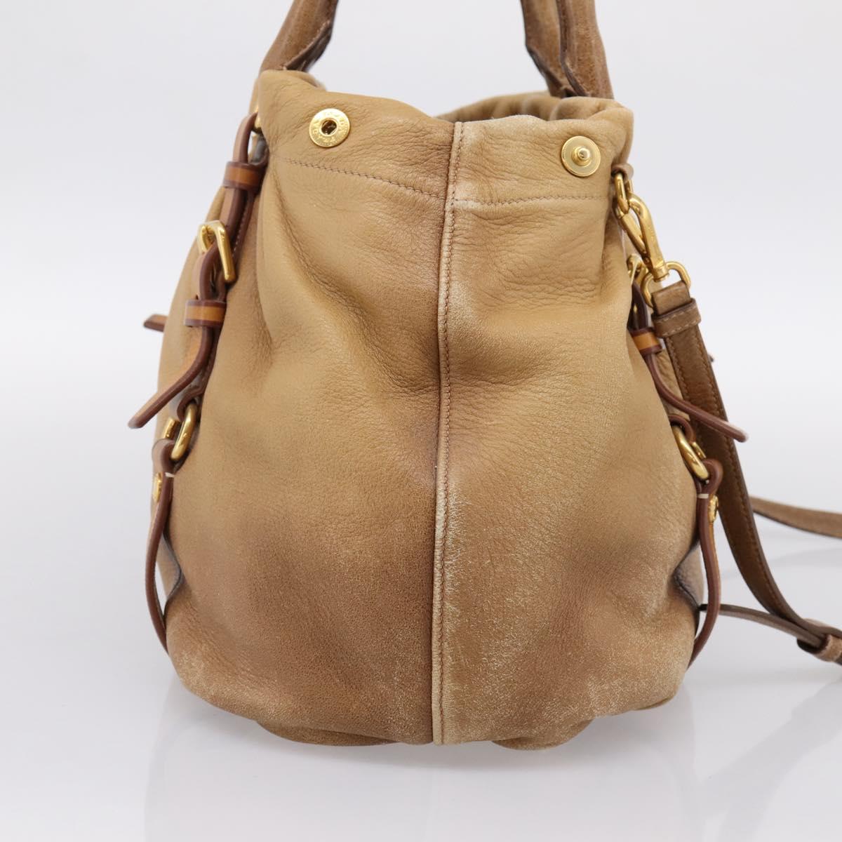 PRADA Hand Bag Leather 2way Beige Gold Auth 199056