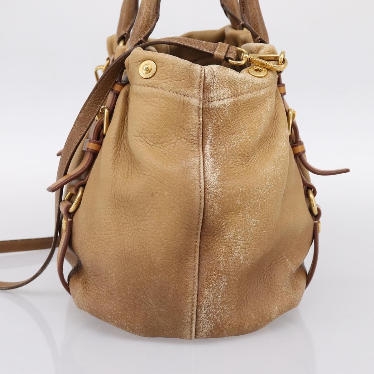 PRADA Hand Bag Leather 2way Beige Gold Auth 199056