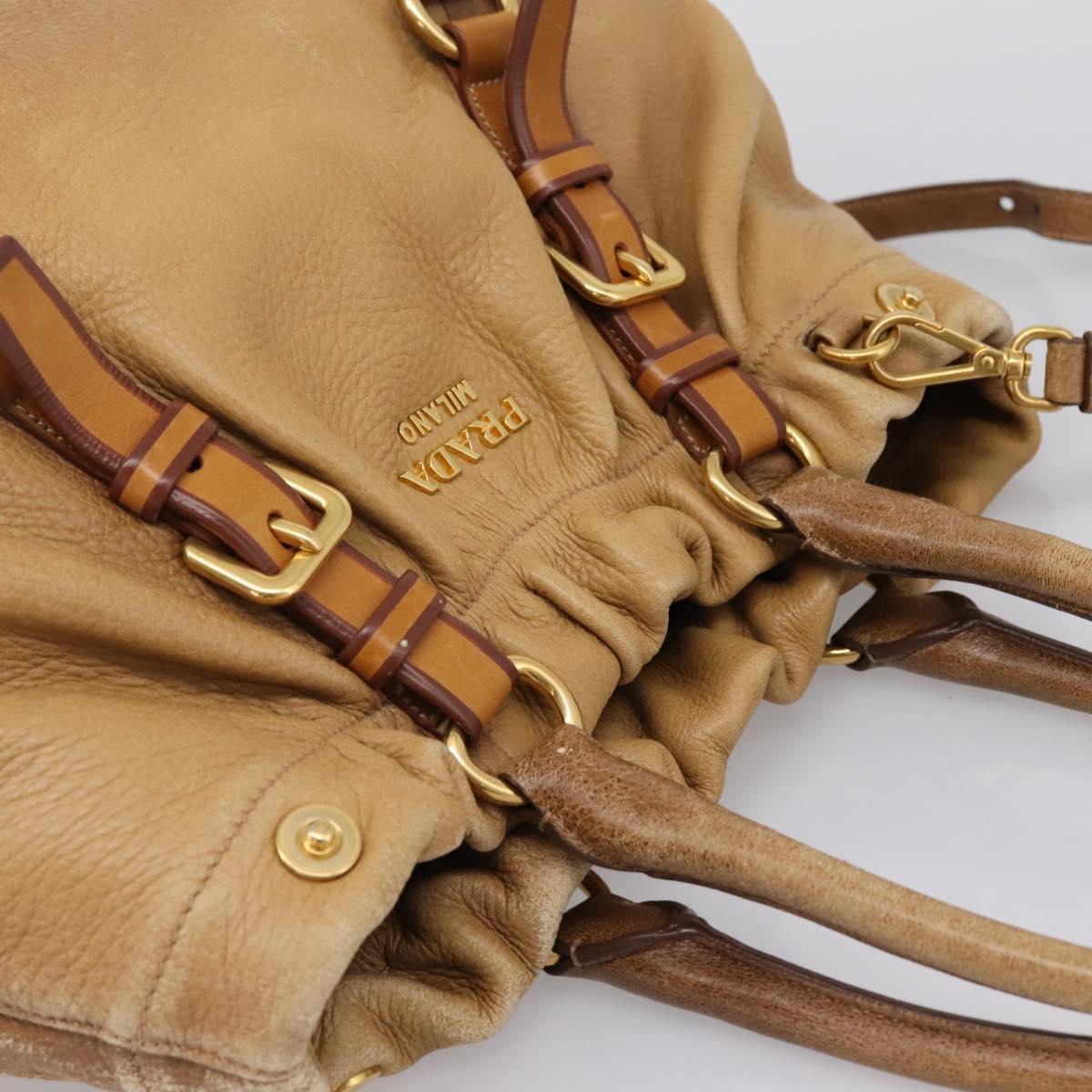 PRADA Hand Bag Leather 2way Beige Gold Auth 199056