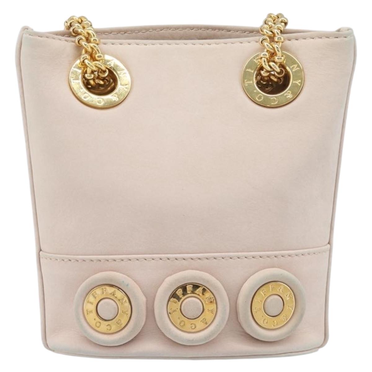 TIFFANY&Co. Chain Shoulder Bag Leather Beige Gold Tone Auth 199065