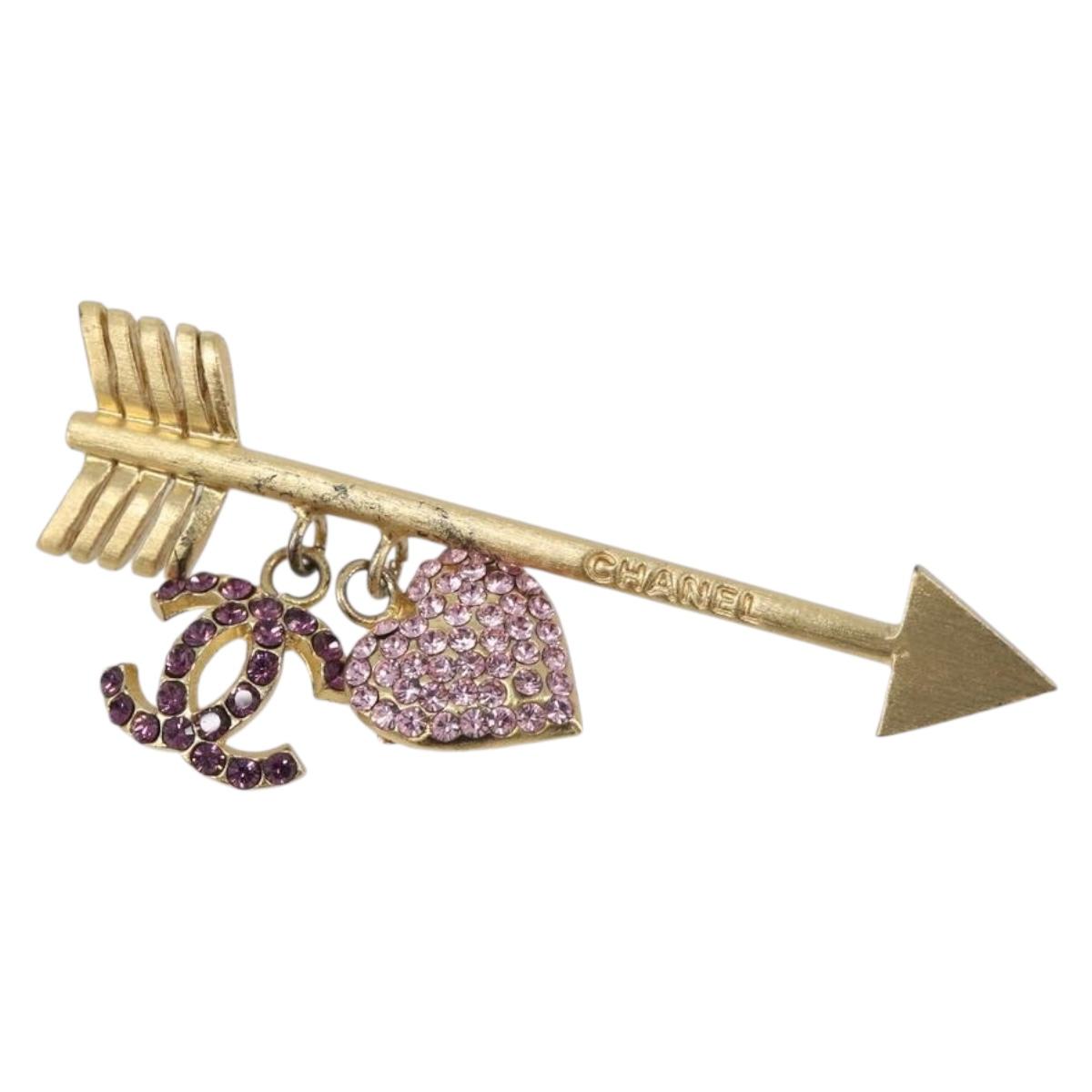 CHANEL COCO Mark Heart Brooch Metal Gold Tone Pink CC Auth 199074M