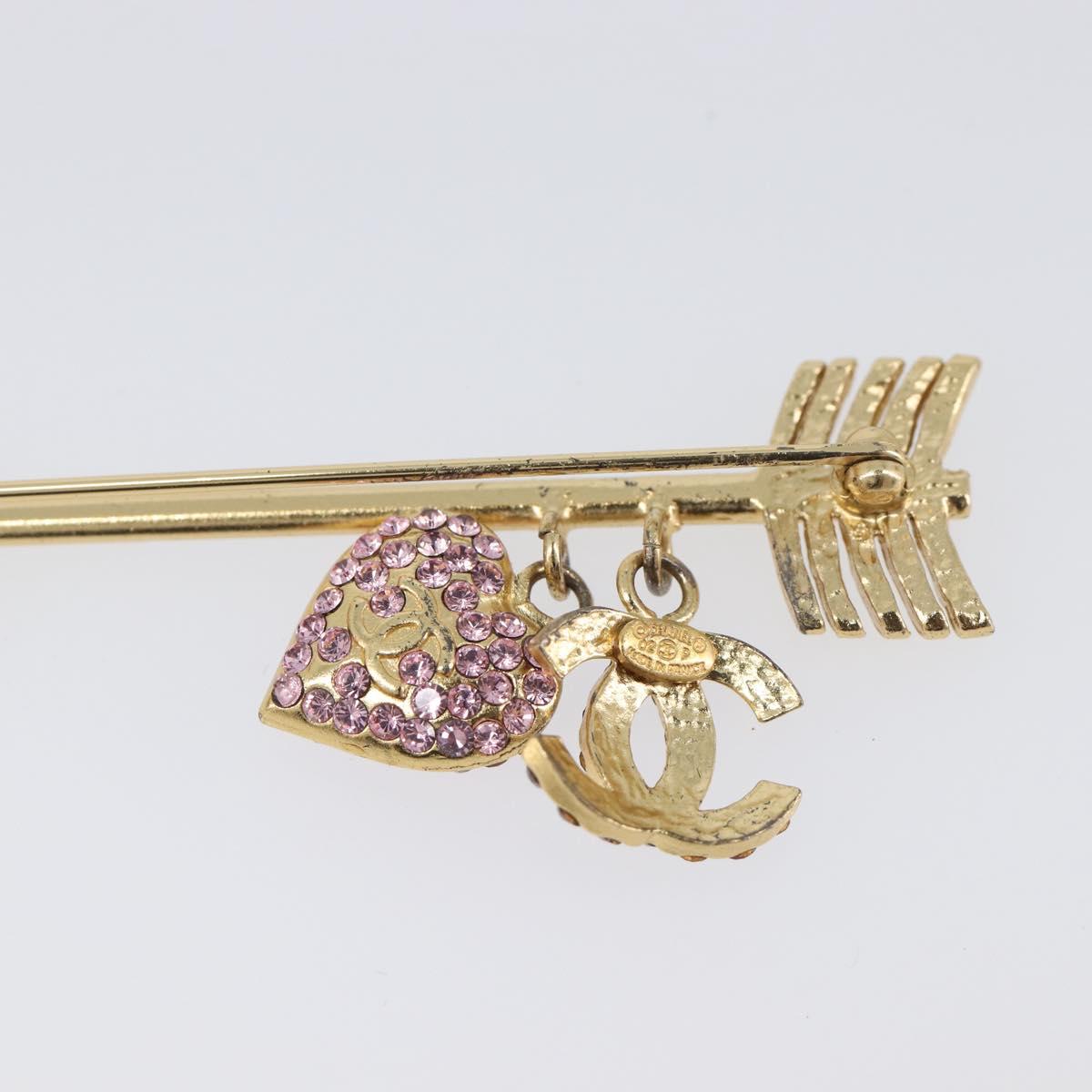 CHANEL COCO Mark Heart Brooch Metal Gold Tone Pink CC Auth 199074M