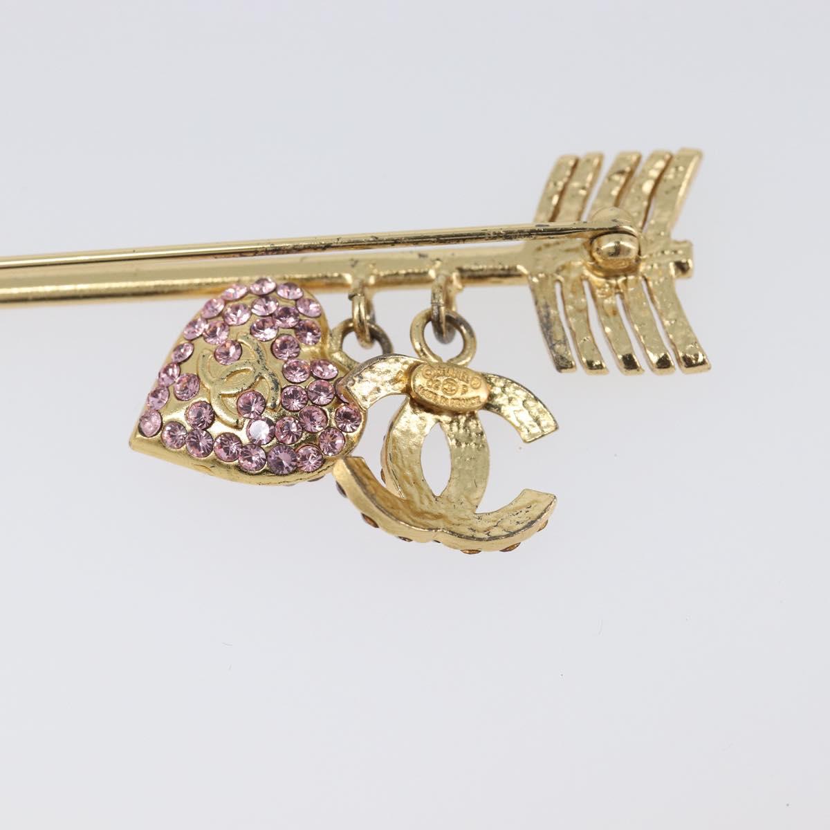 CHANEL COCO Mark Heart Brooch Metal Gold Tone Pink CC Auth 199074M