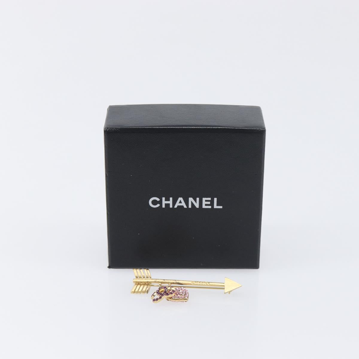 CHANEL COCO Mark Heart Brooch Metal Gold Tone Pink CC Auth 199074M