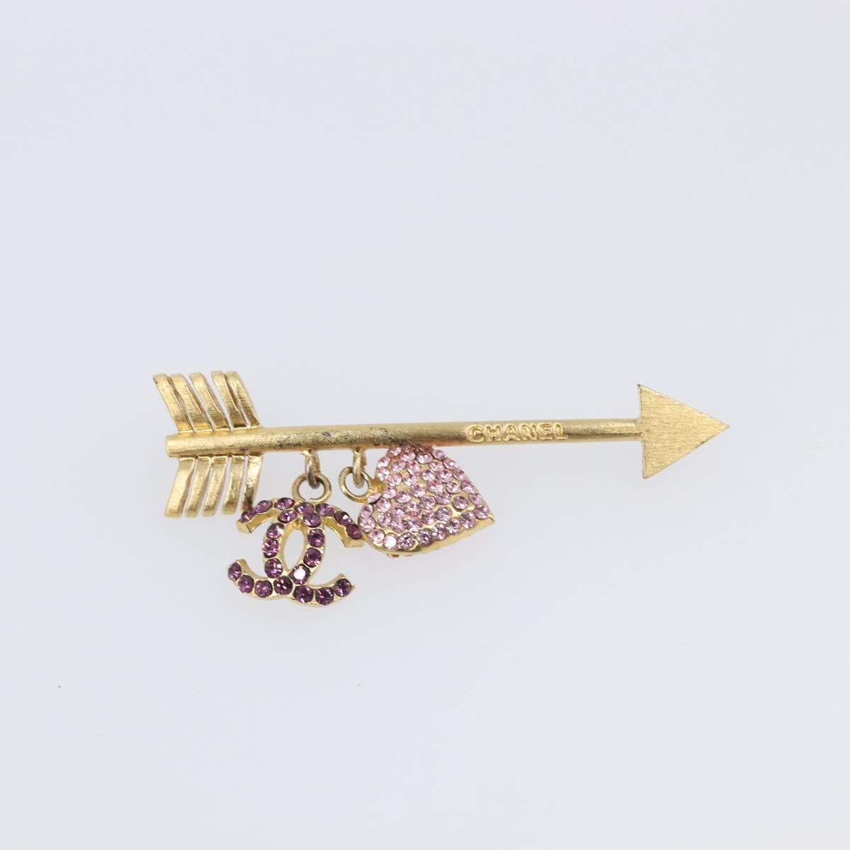 CHANEL COCO Mark Heart Brooch Metal Gold Tone Pink CC Auth 199074M