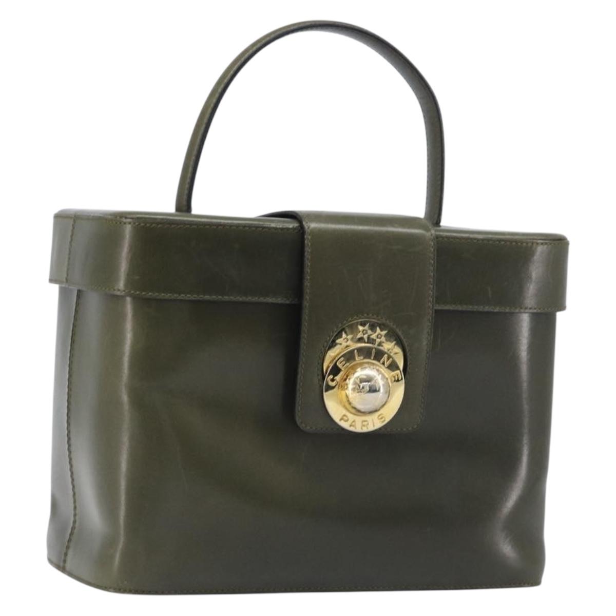 CELINE Star Ball Vanity Hand Bag Leather Khaki Gold Auth 199090A