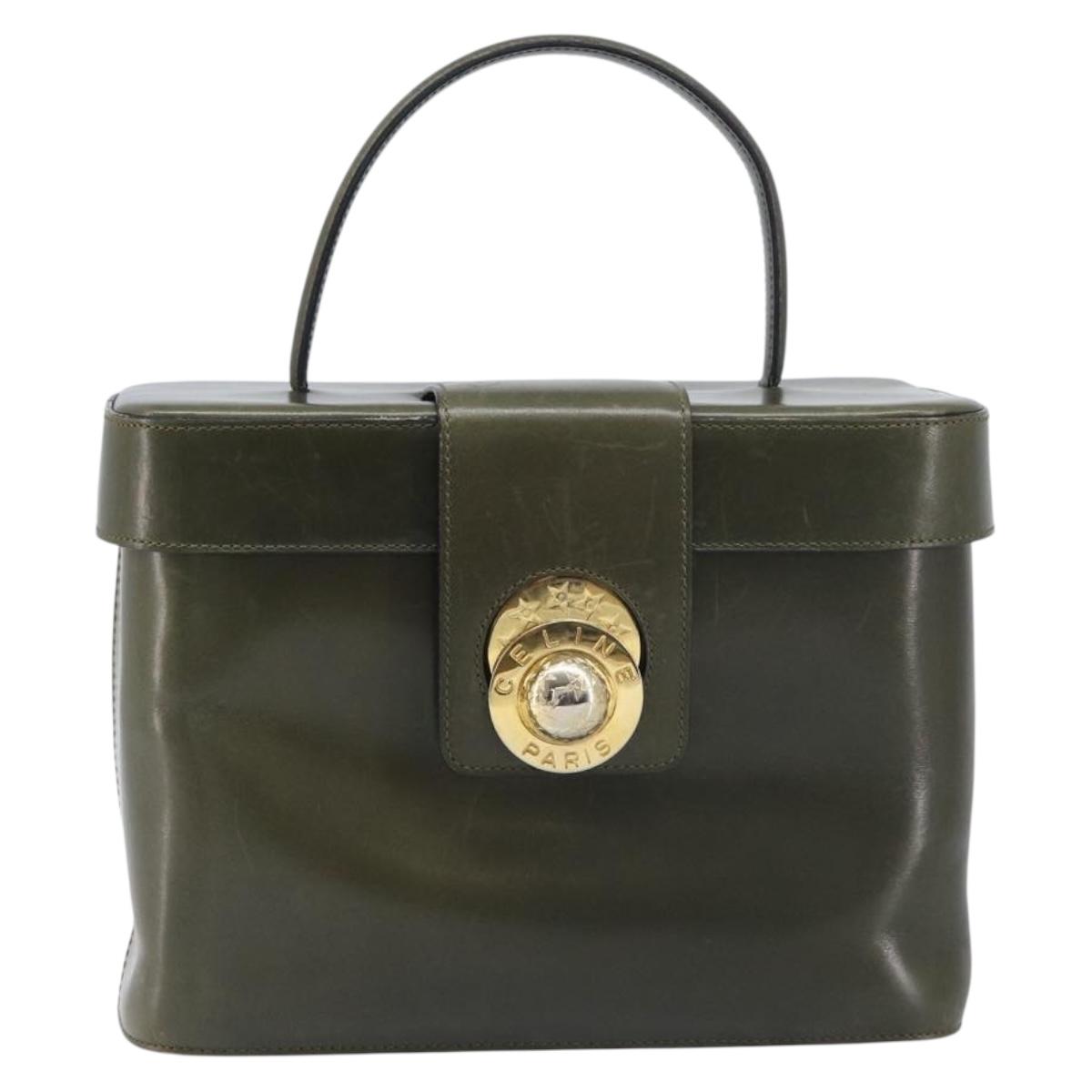 CELINE Star Ball Vanity Hand Bag Leather Khaki Gold Auth 199090A