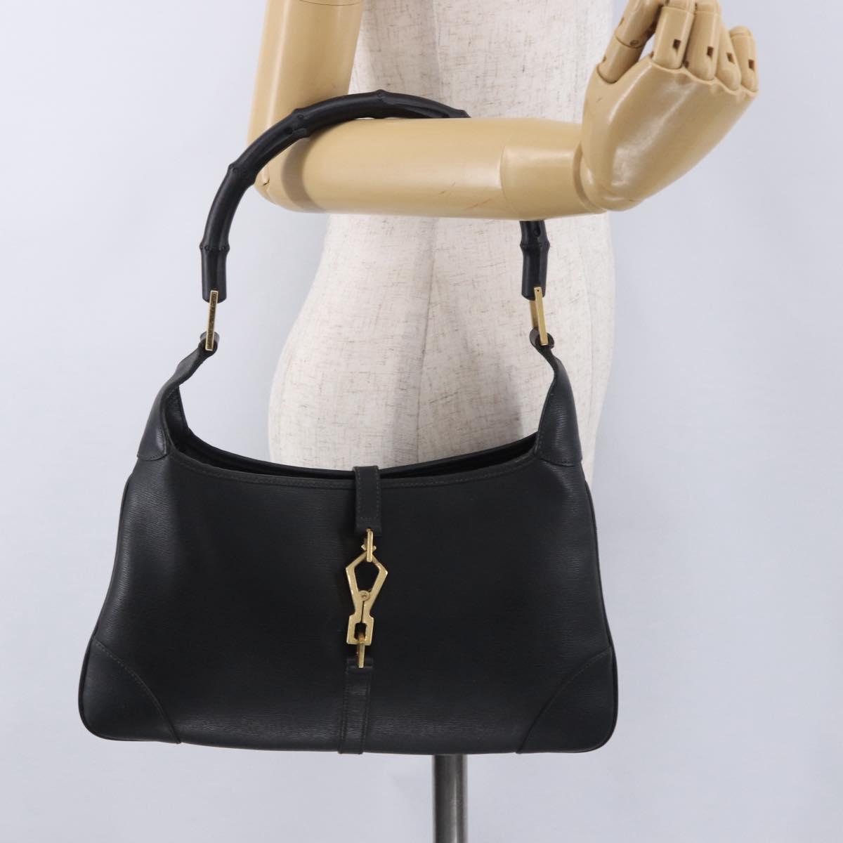GUCCI Bamboo Shoulder Bag Leather Black Gold 001 4060 Auth 199098V