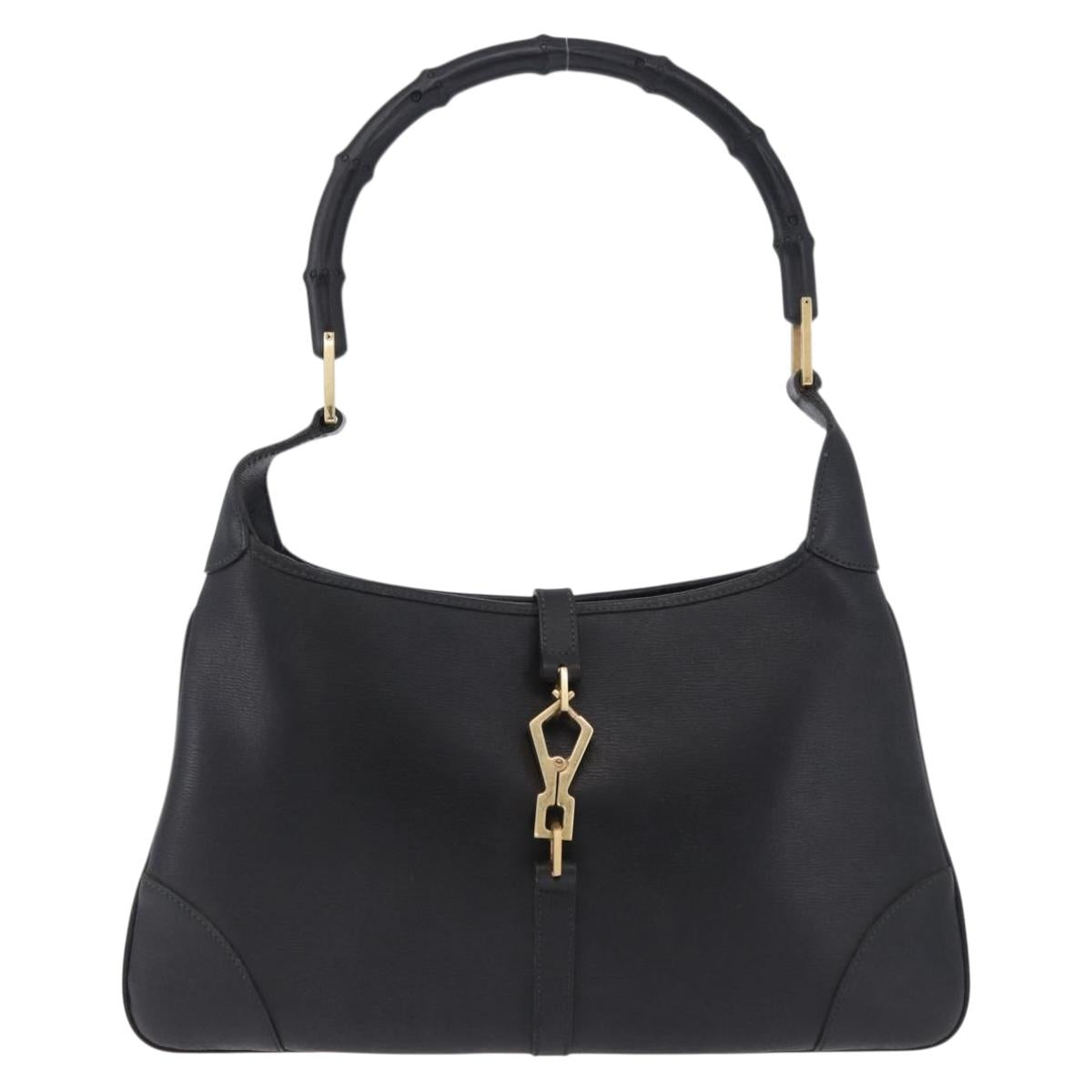 GUCCI Bamboo Shoulder Bag Leather Black Gold 001 4060 Auth 199098V