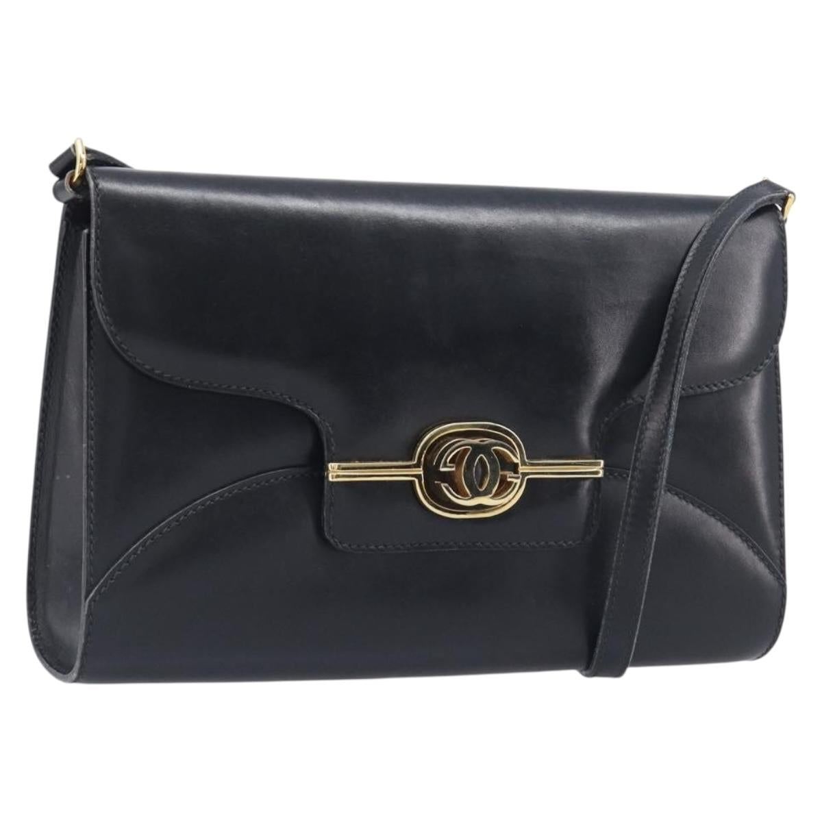 GUCCI Shoulder Bag Leather Black Gold Auth 199099