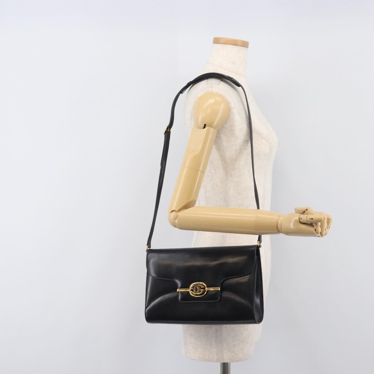GUCCI Shoulder Bag Leather Black Gold Auth 199099