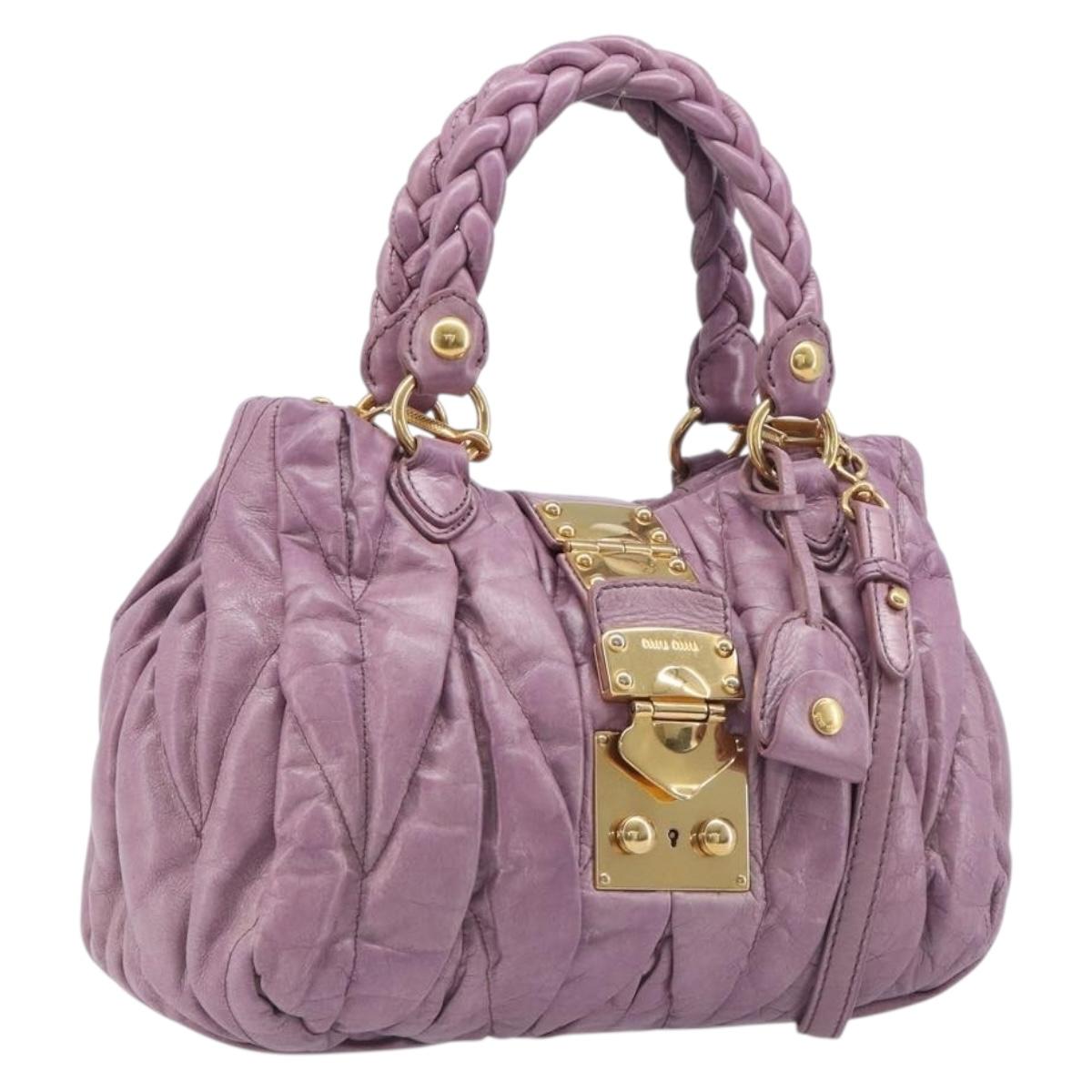 Miu Miu Matelasse Vitellolux Hand Bag Leather 2way Purple Gold Auth 199103V