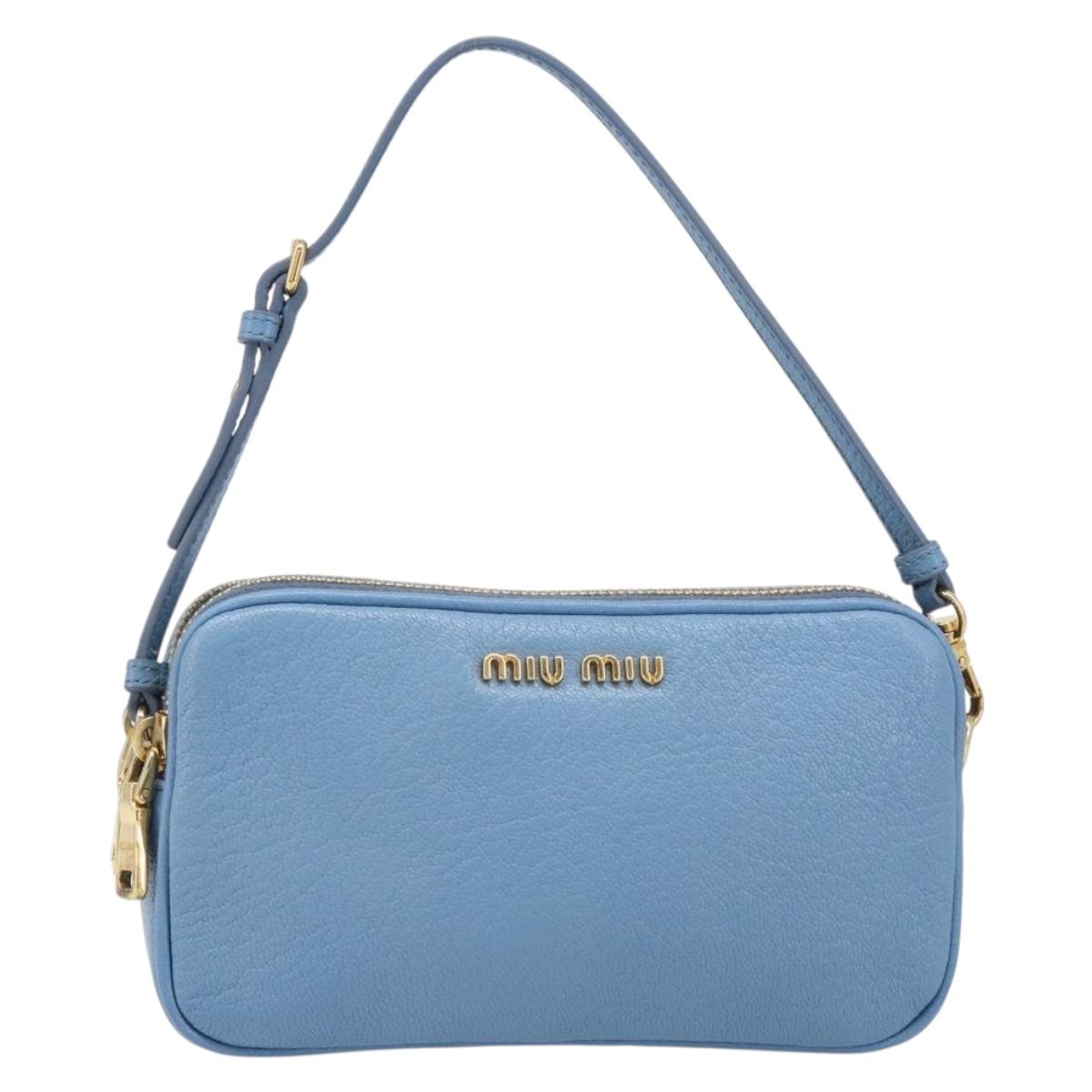 Miu Miu Hand Pouch Leather Light Blue Gold Auth 199107V