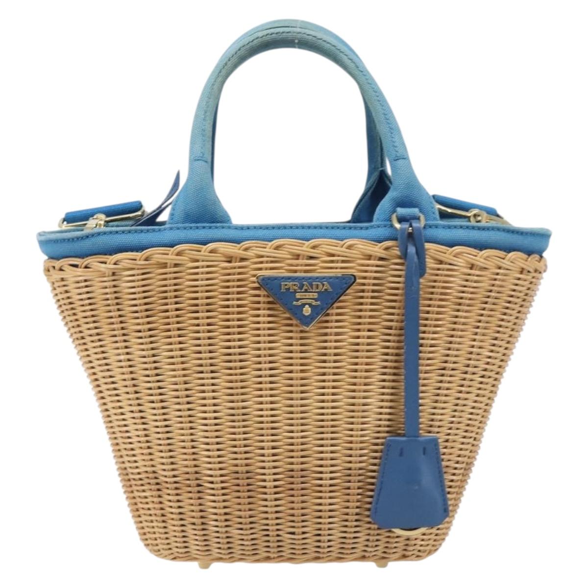 PRADA Hand Bag Rattan 2way Brown Gold Auth 199110V