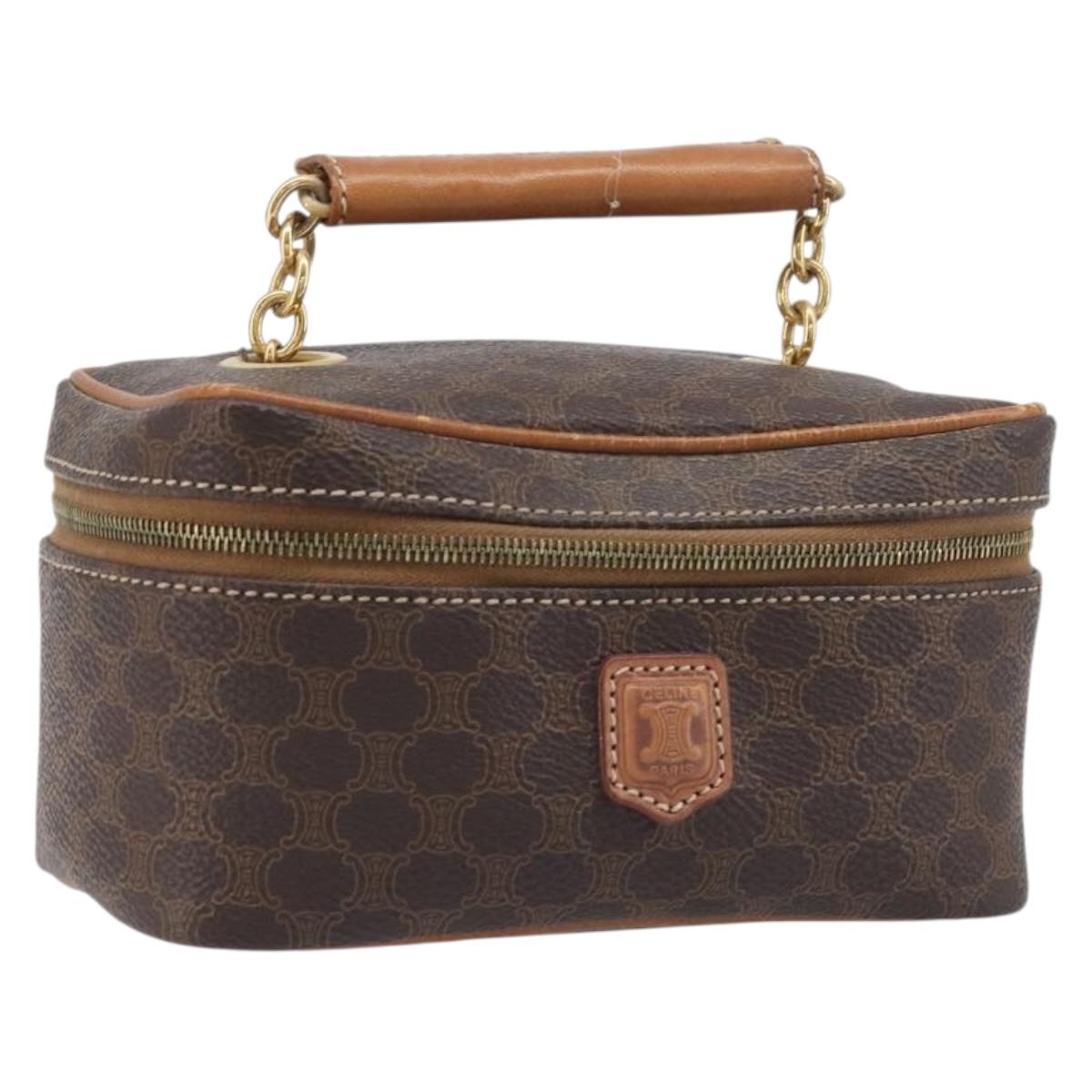 CELINE Macadam Canvas Chain Hand Vanity Bag PVC Leather Brown Gold Auth 199112A