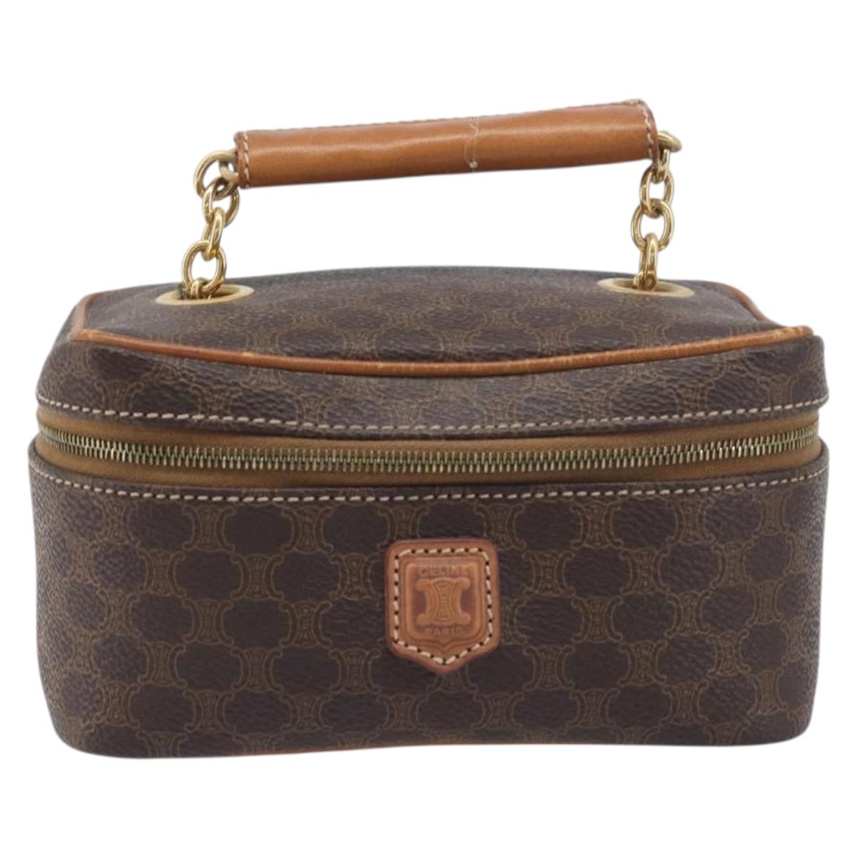 CELINE Macadam Canvas Chain Hand Vanity Bag PVC Leather Brown Gold Auth 199112A