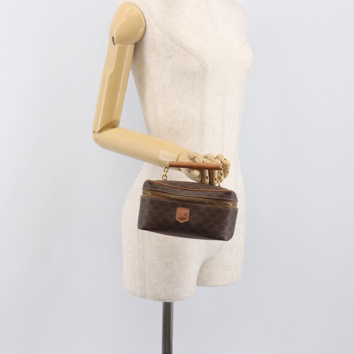 CELINE Macadam Canvas Chain Hand Vanity Bag PVC Leather Brown Gold Auth 199112A